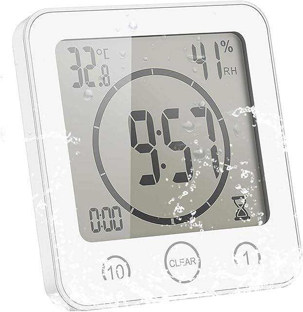 ALLOMN Bathroom Clock, LCD Digital Shower Clock Alarm Waterproof Touch Control / Temperature Humidity, Count Down Timer, 3 Mounting Methods, Battery Power (White)