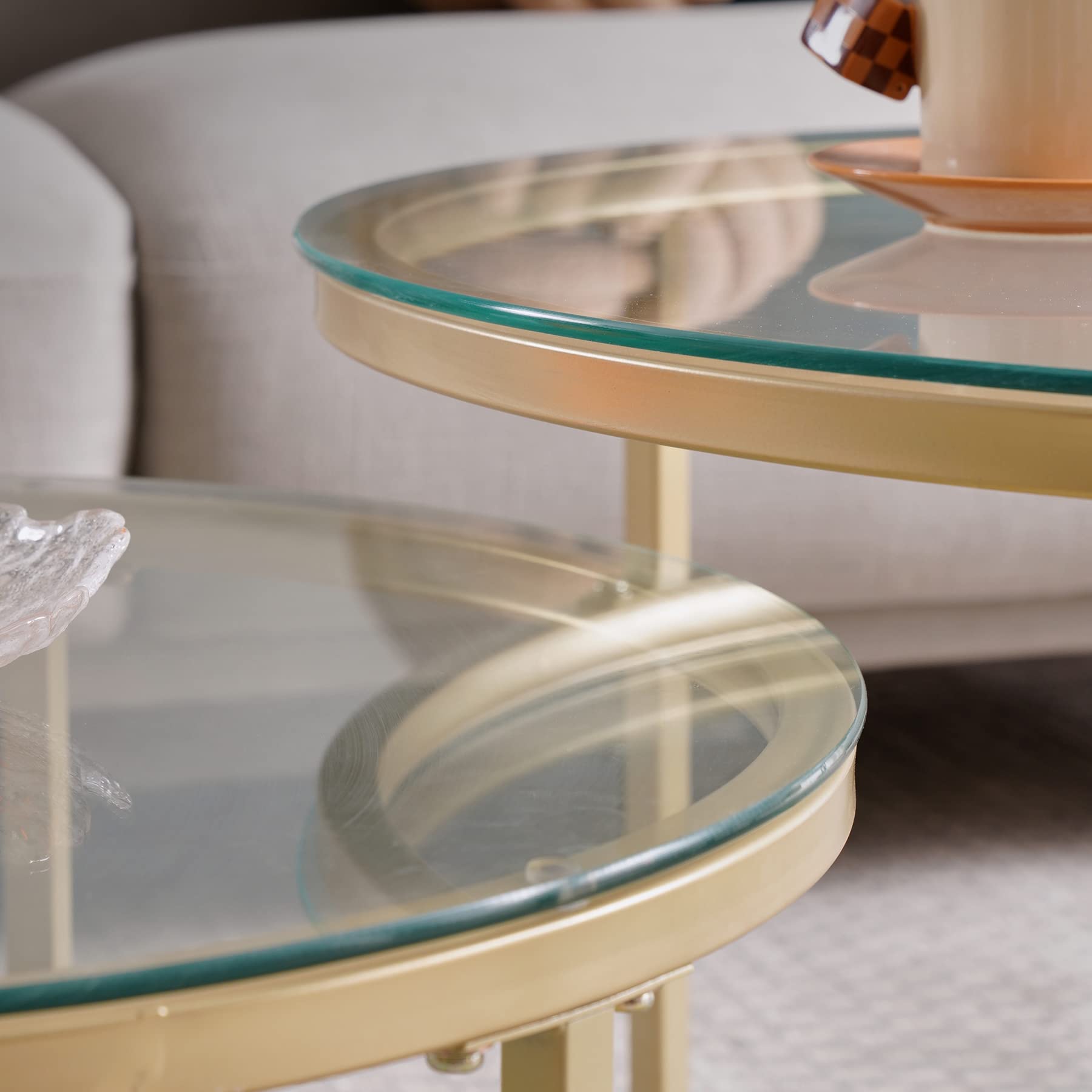 Set di 2 Tavolini da Caffè Rotondi con Piano in Vetro, Tavolini Rotondi a Incastro, Grande: 60 x 60 x 45 cm; Piccolo: 40 x 40 x 35 cm (Vetro Oro)
