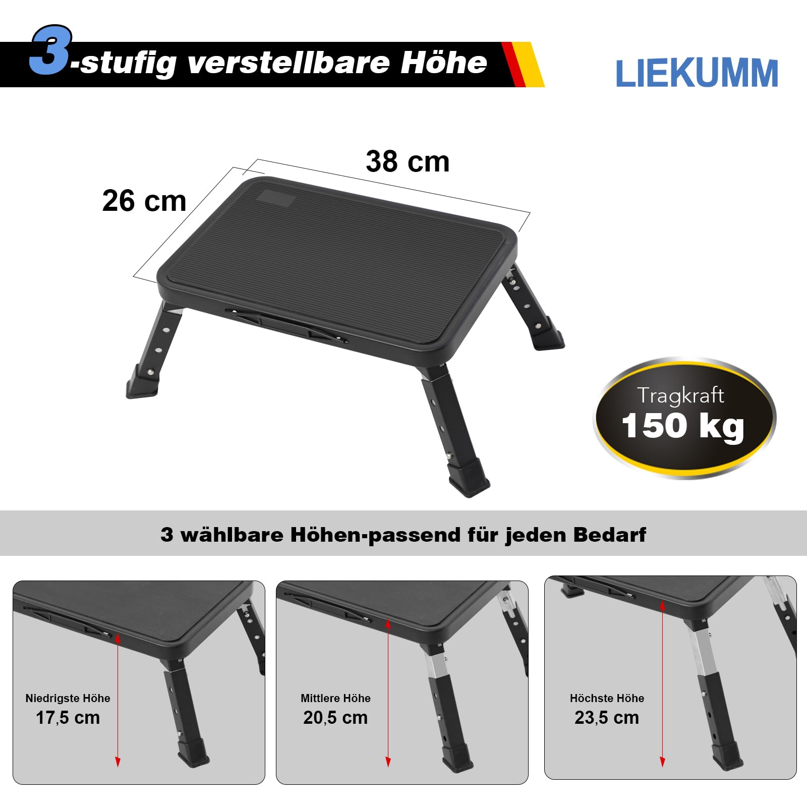 LIEKUMM 3-stufiger Tritthocker Klappbar, 150 kg Tragkraft Hocker Höhenverstellbar, Klapphocker mit Rutschfester Plattform, Trittstufe für Zuhause, Küche, Bad und Wohnmobil, Schwarz