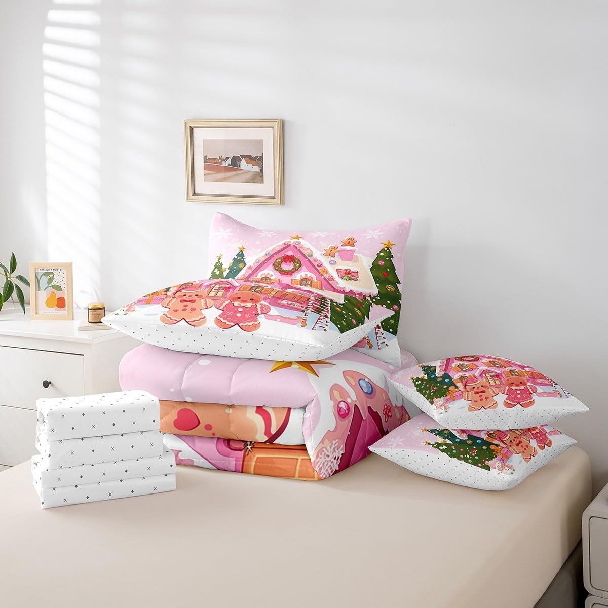 Pink Gingerbread House Comforter Set Bed in a Bag 7 Pieces Full,Xmas Gingerbread Man Candy Bedding Set,Watercolor Winter Christmas (Comforter+Fitted+Flat Sheet+2 Pillowcases+2 Throw Pillow Covers)