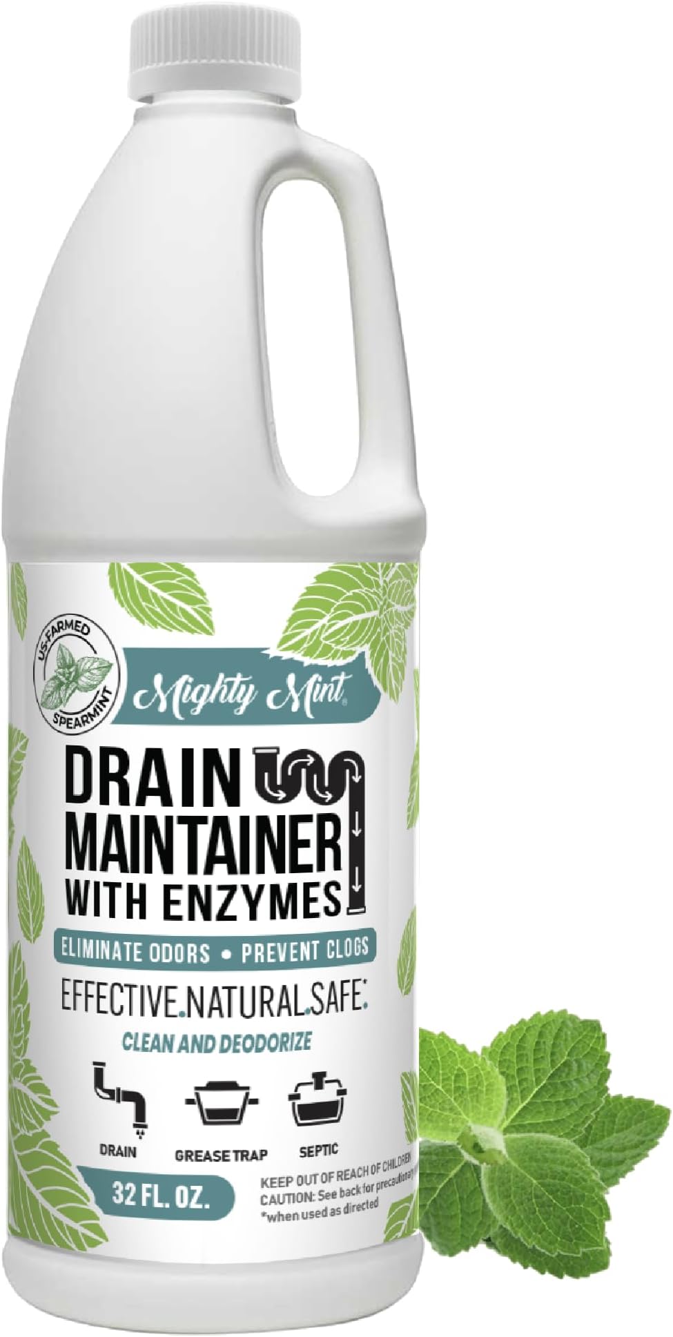 Mighty Mint Enzyme Drain Maintainer – Drain Cleaner & Deodorizer for Odor Control and Buildup Prevention – Safe for Pipes, Septic & Grease Traps - 32 oz.
