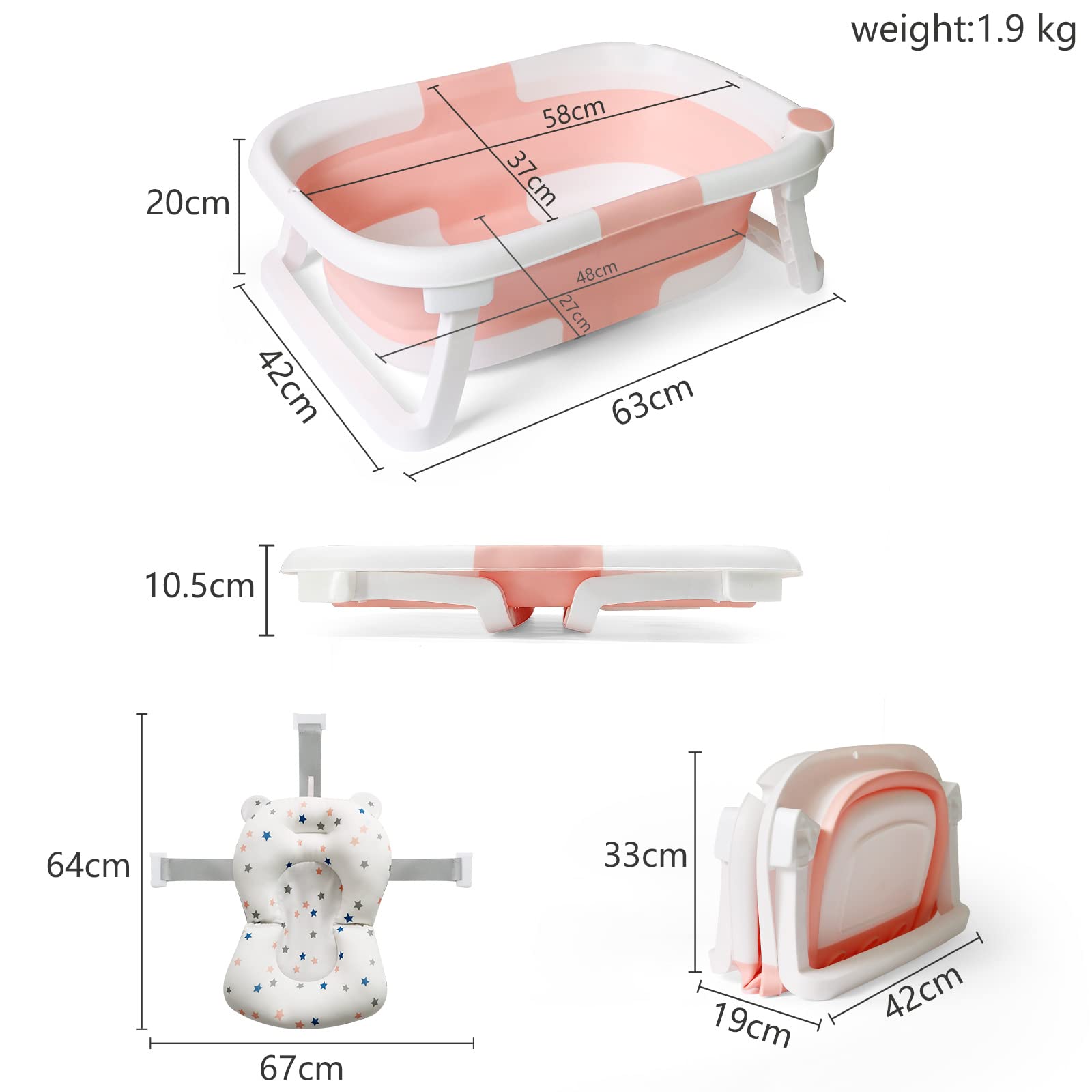 Vaschetta Bagnetto Neonato Vasca Bagno Pieghevole Neonati Bambini Supporto Riduttore Cuscino Materassino 1-3 Anni Baby Sdraietta Bacinella Tappetino Bambino Tinozza Bimbi Salvaspazio Portatile Rosa