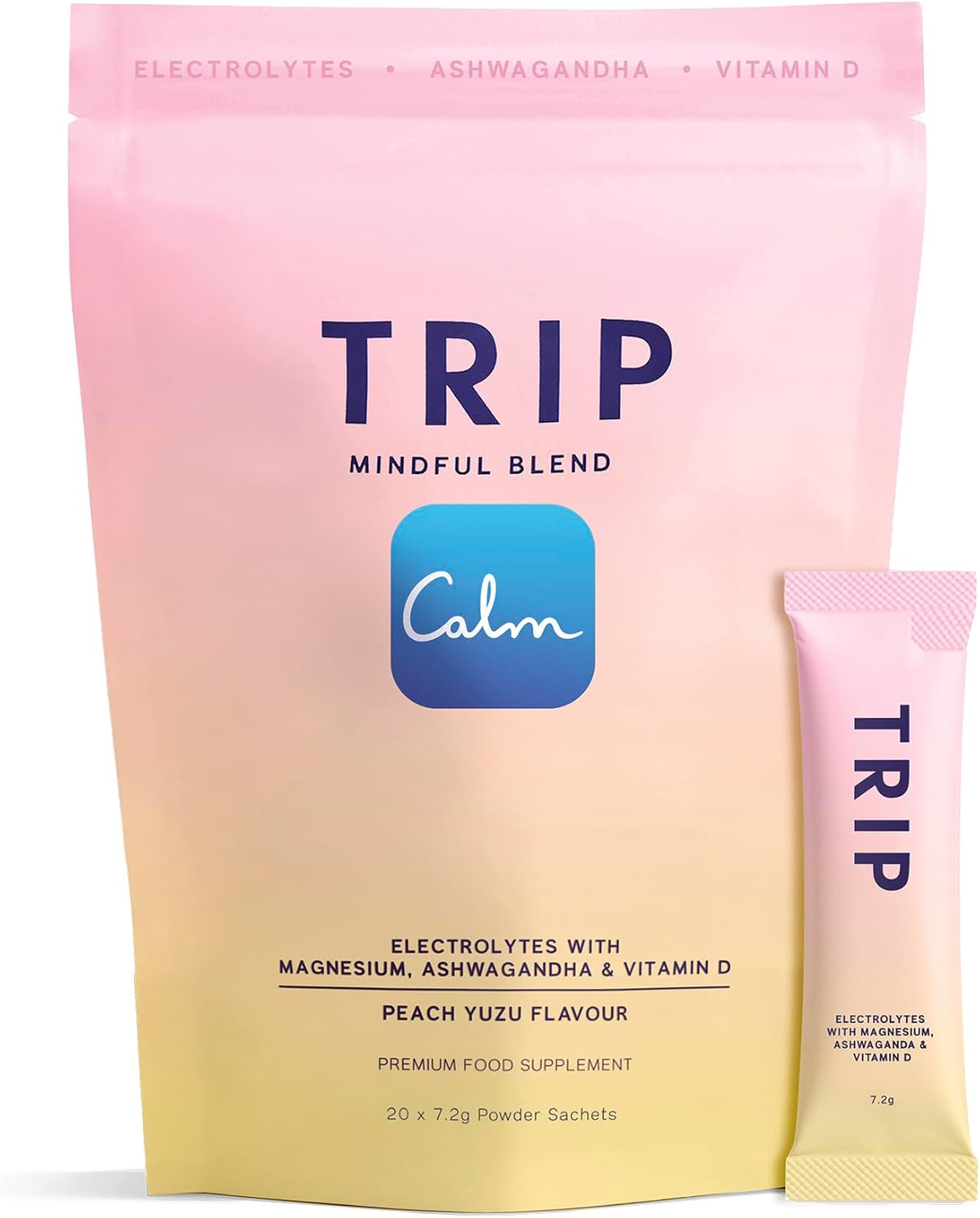 Trip Peach Yuzu Electrolyte Powder | Daily Hydration with Sodium, Magnesium, Vitamin D & More | Sugar Free + Vegan | Pack of 20 x 7.2 g sachets