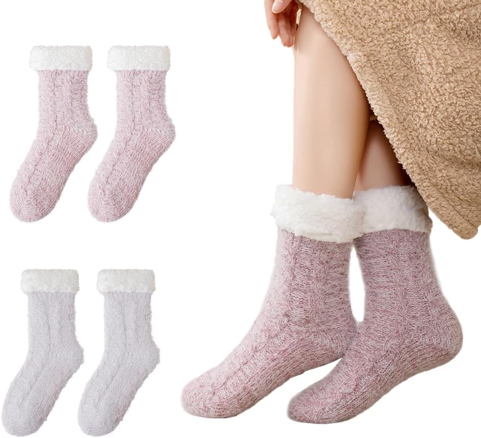 2 Pairs Womens Fuzzy Socks Winter Warm Fleece Lining Non Slip Crew Socks Home Slipper Socks