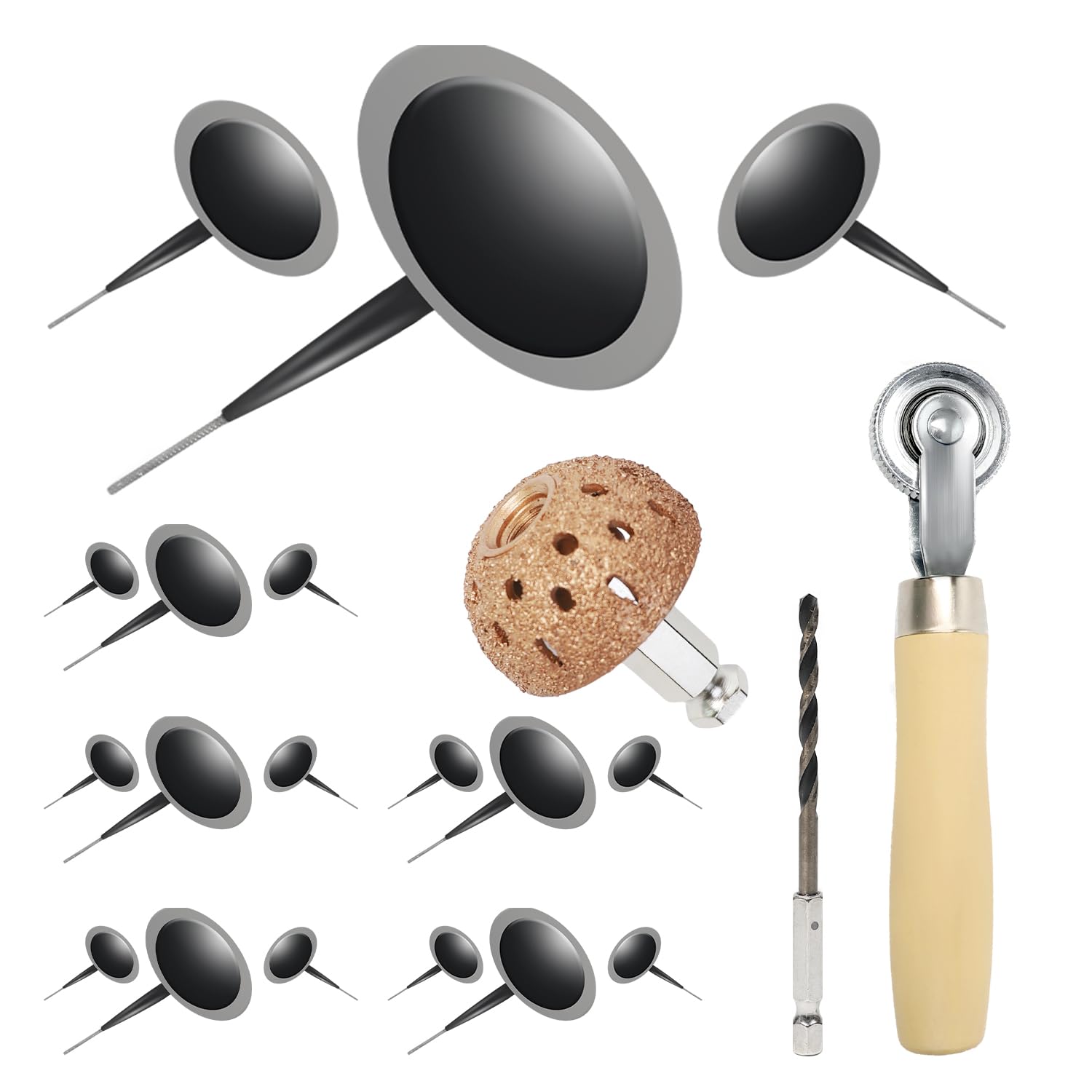 FHTDW Tire Repair Patch Tool Kit Including Tire Patch Plugs in 3 Size, Tungsten Steel Buffing Wheel, Tire Patch Roller with 4mm Twist Drill Bit for Vehicle