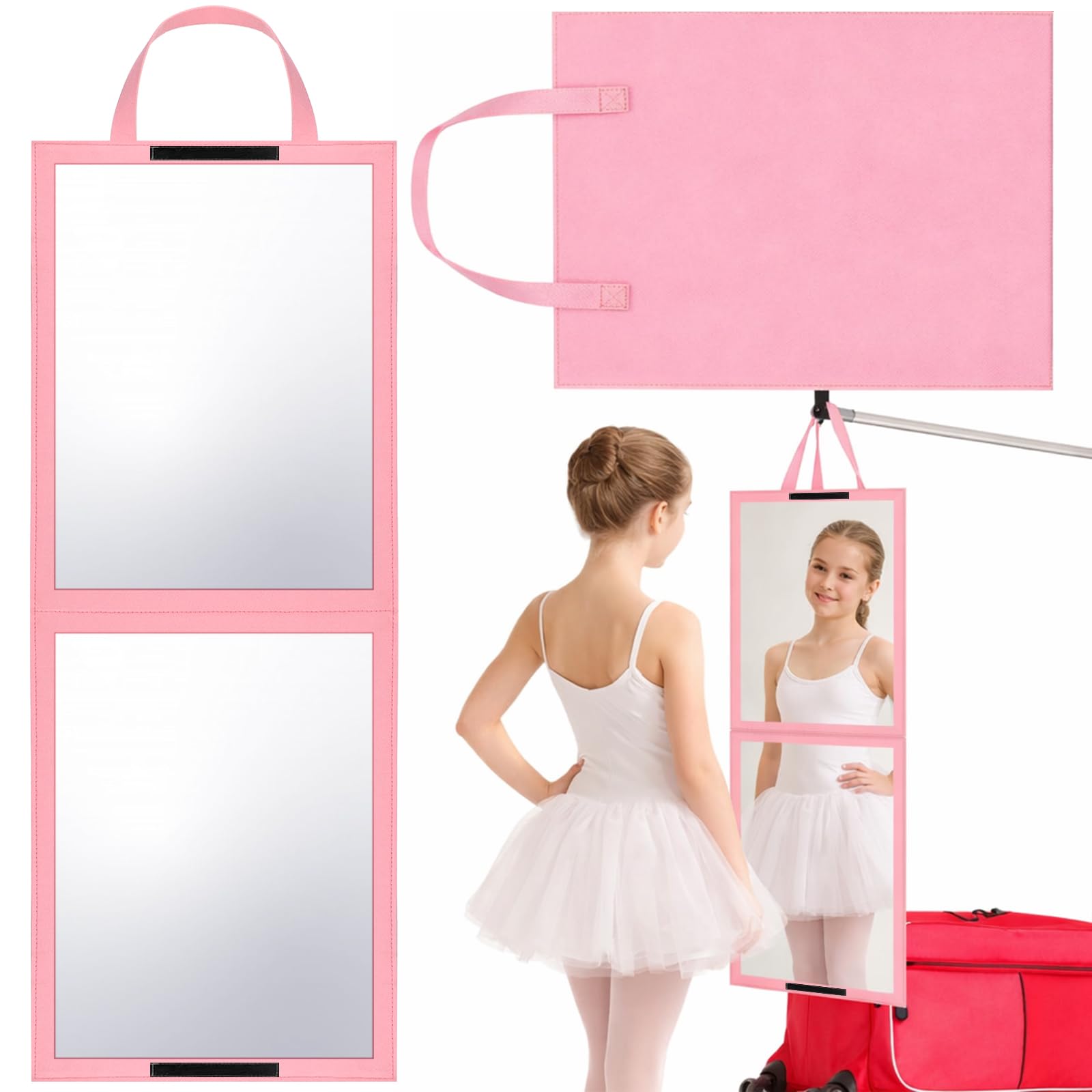 GlikCeil Faltbarer, tragbarer Ganzkörperspiegel für Wohnheim, Tanz, Backstage Camping, Reisen, zum Aufhängen, klappbarer Make-up-Körperspiegel für Tänzer, Künstler, Zuhause, Ästhetiker, Spa (Rosa