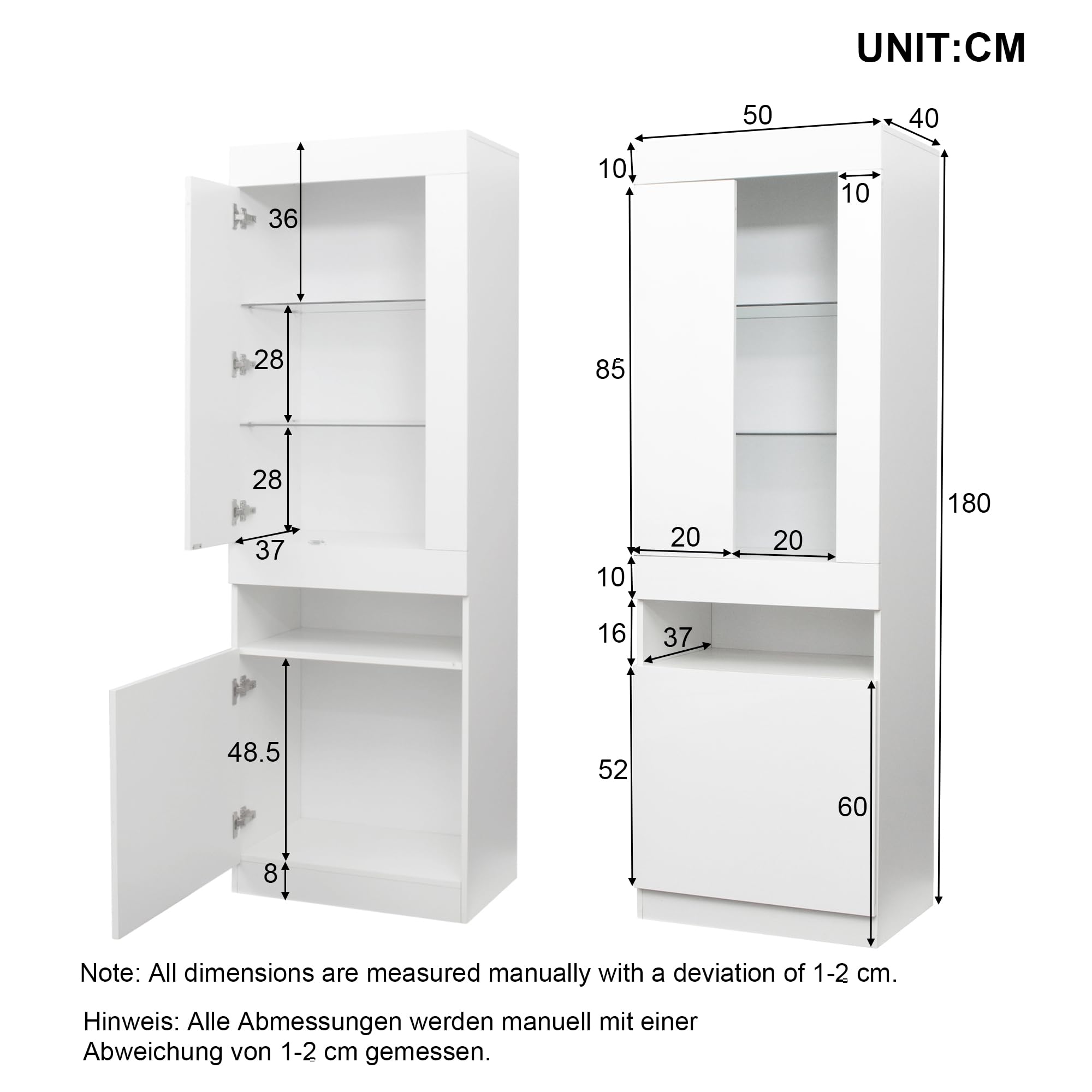 BTM Vitrine mit 16 Farben LED Beleuchtung, Standvitrine, Stauraumvitrine, Wohnzimmerschrank Weiß, LED-Schränke Buffet-Schrank, 50 (L) x40 (B) x180 cm (H)