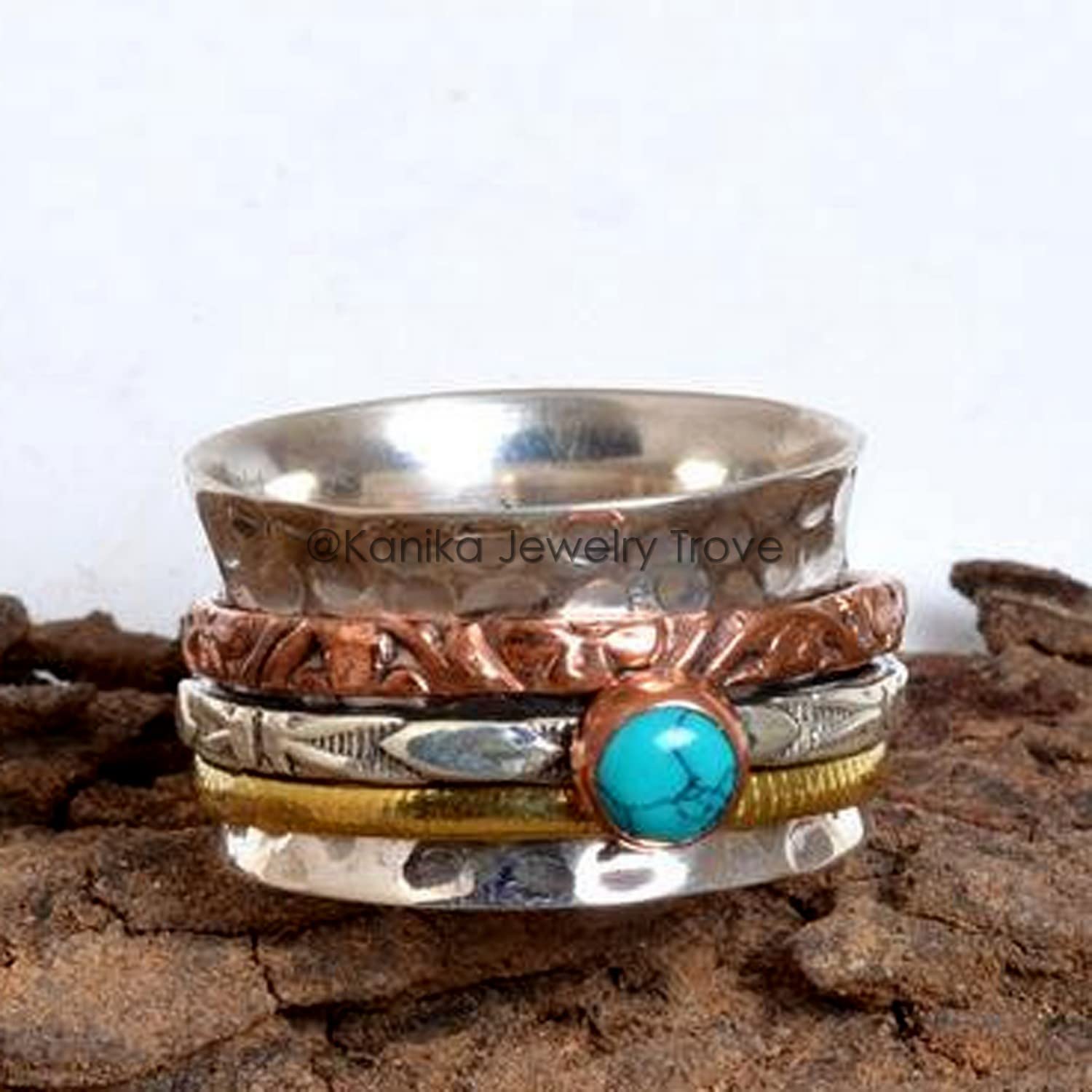Gehämmerter Spinner Ring Spinner Band Ringe, Angst Ring zur Meditation, Geschenkring zum Muttertag, 925 Sterling Silber Band, Messing und Kupfer Spinner Ring für Damen, (Türkis, Größe 7)