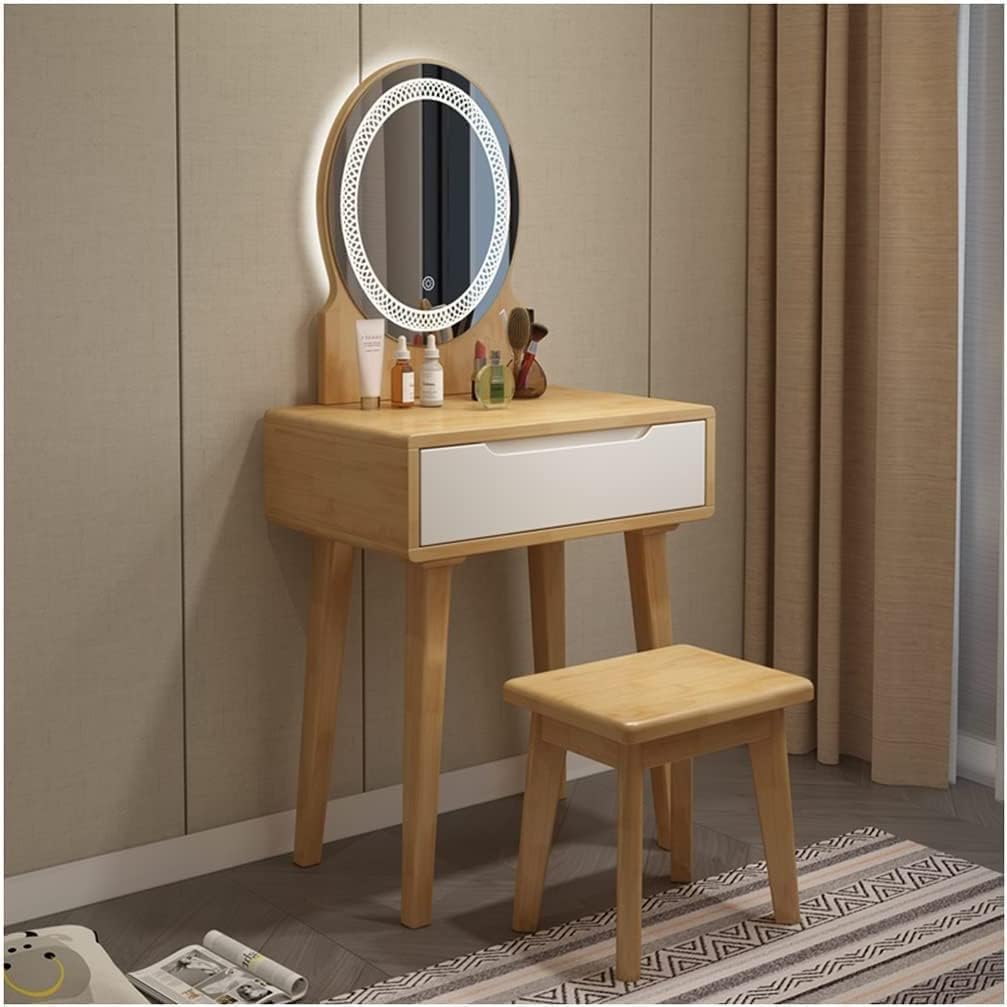 Vanity Desk 3 Color-Touch Screen Dimming Mirror Adjustable Brightness Dressing Table With Drawers And Solid Wooden Stool For Kids Girls Women Vanity Set (Color : B, Size : 60cm)