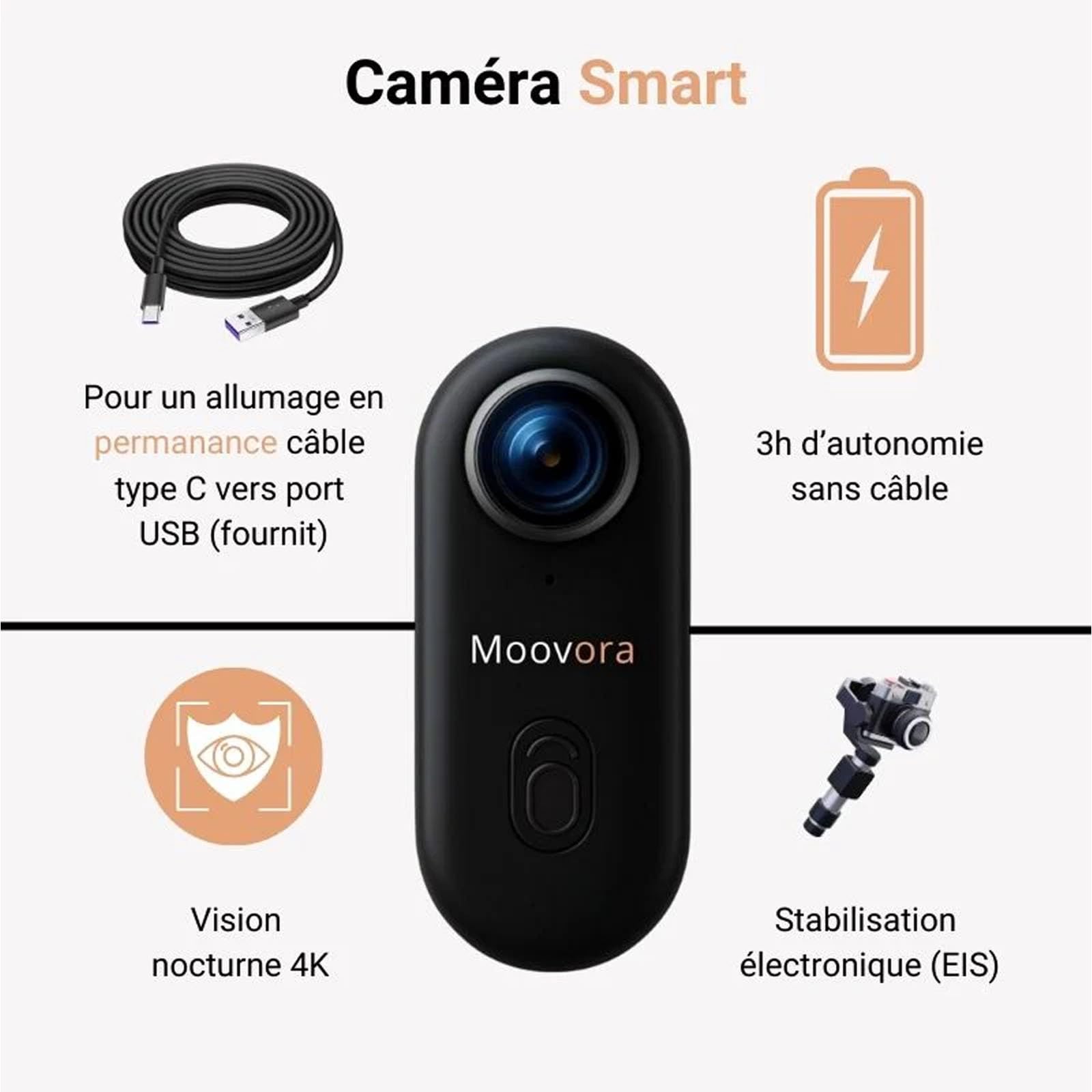 Moovora, Dashcam Intelligente, Caméra d'action Portable Au Pouce avec Enregistrement Audio Et Vidéo, étanche 4k avec Magnétique Et Clip à 360° pour Le Vélo, Underwater, Sports(Black-4k)