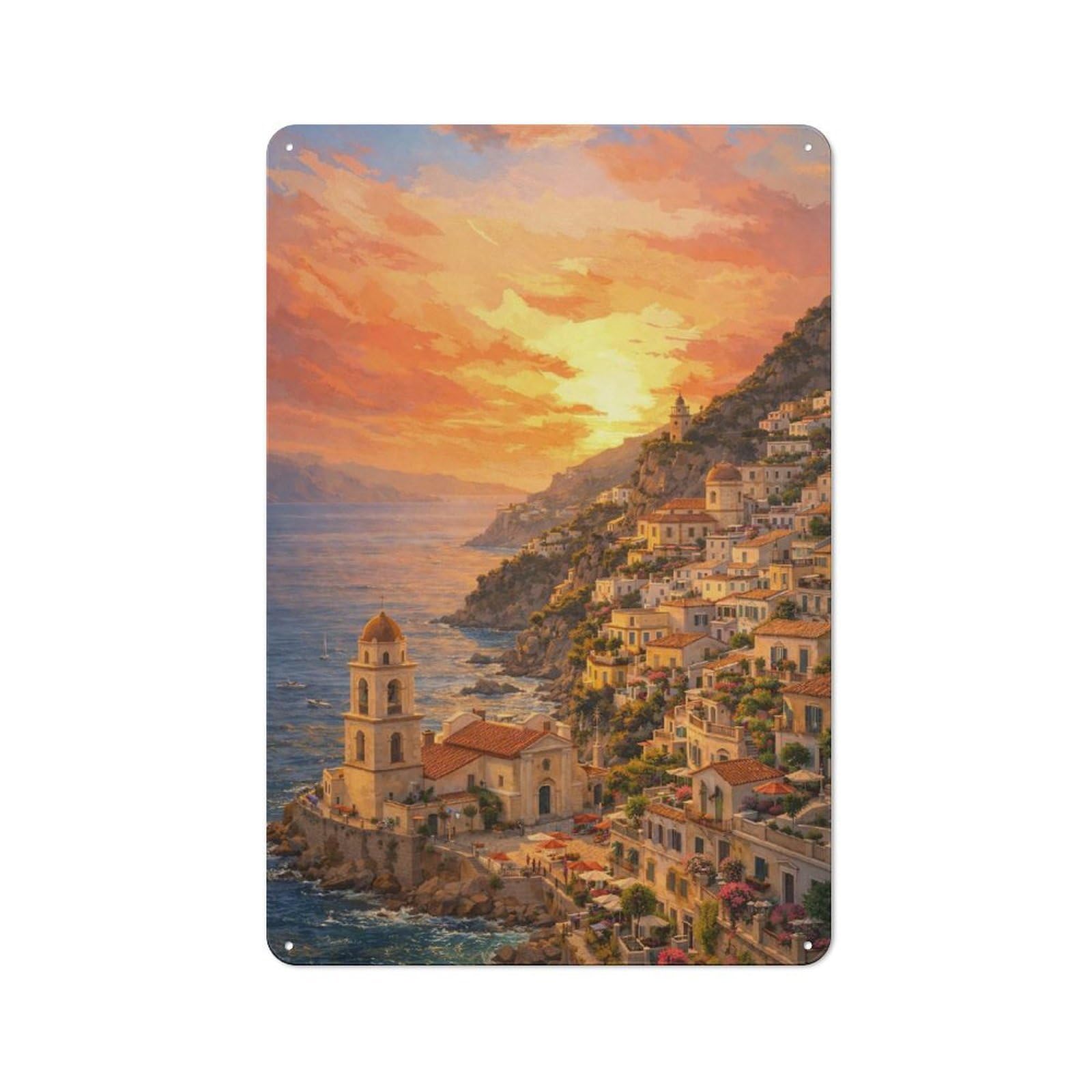 Junmoney Style-19 Garage Style Decorative Metal Plaque 30X20cm Featuring Amalfi Coast At Sunset, Garage Wall Decor For Garage, Workshop, Shed Or Utility Room