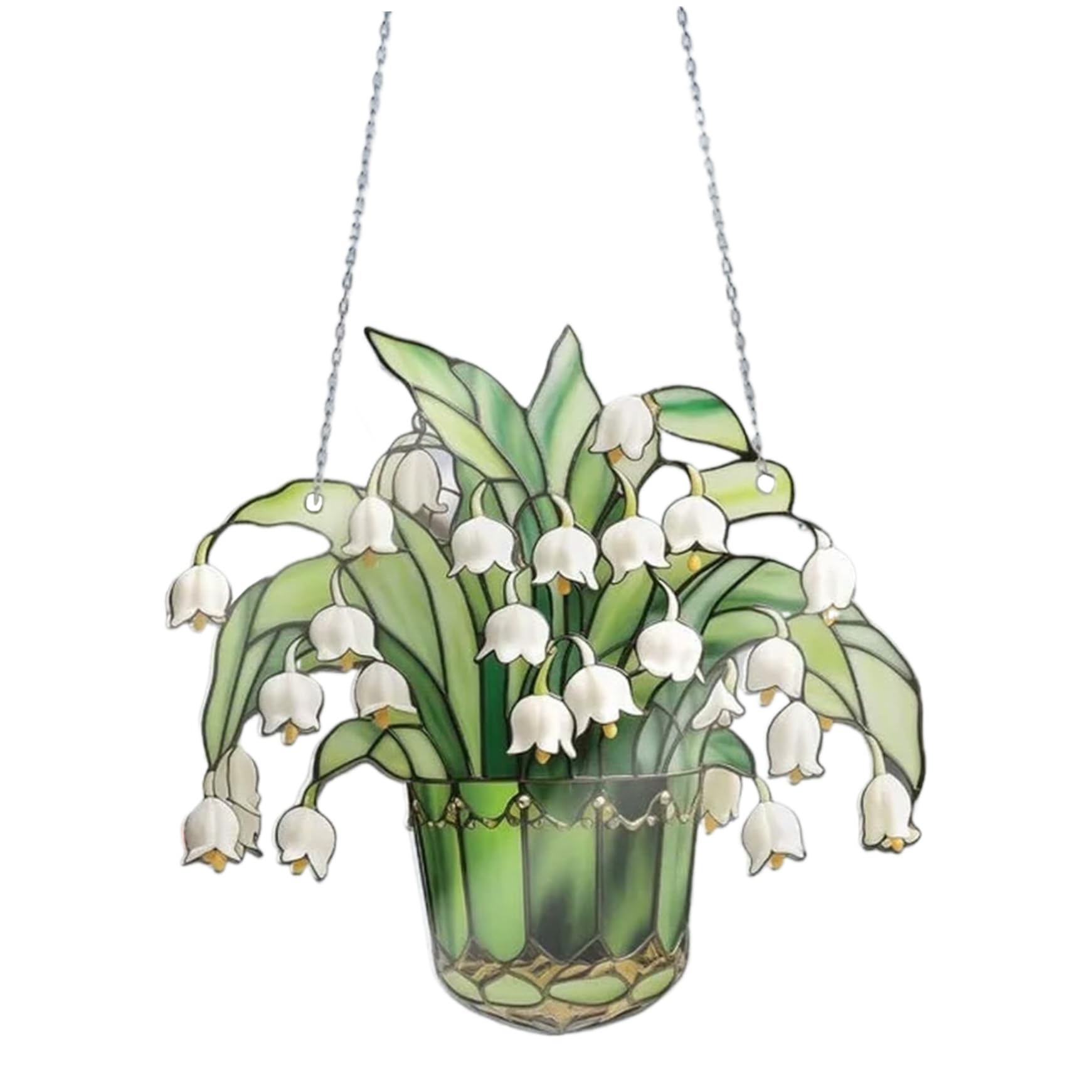CAKEEYUM Lily of the Valley Decor 9x9 In Vibrant Crystal Stained Glass Window Hanging with Chain Multicolor White Bluebell Window Catcher Ornament for Home Lily of the Valley Decor, Stained Gl