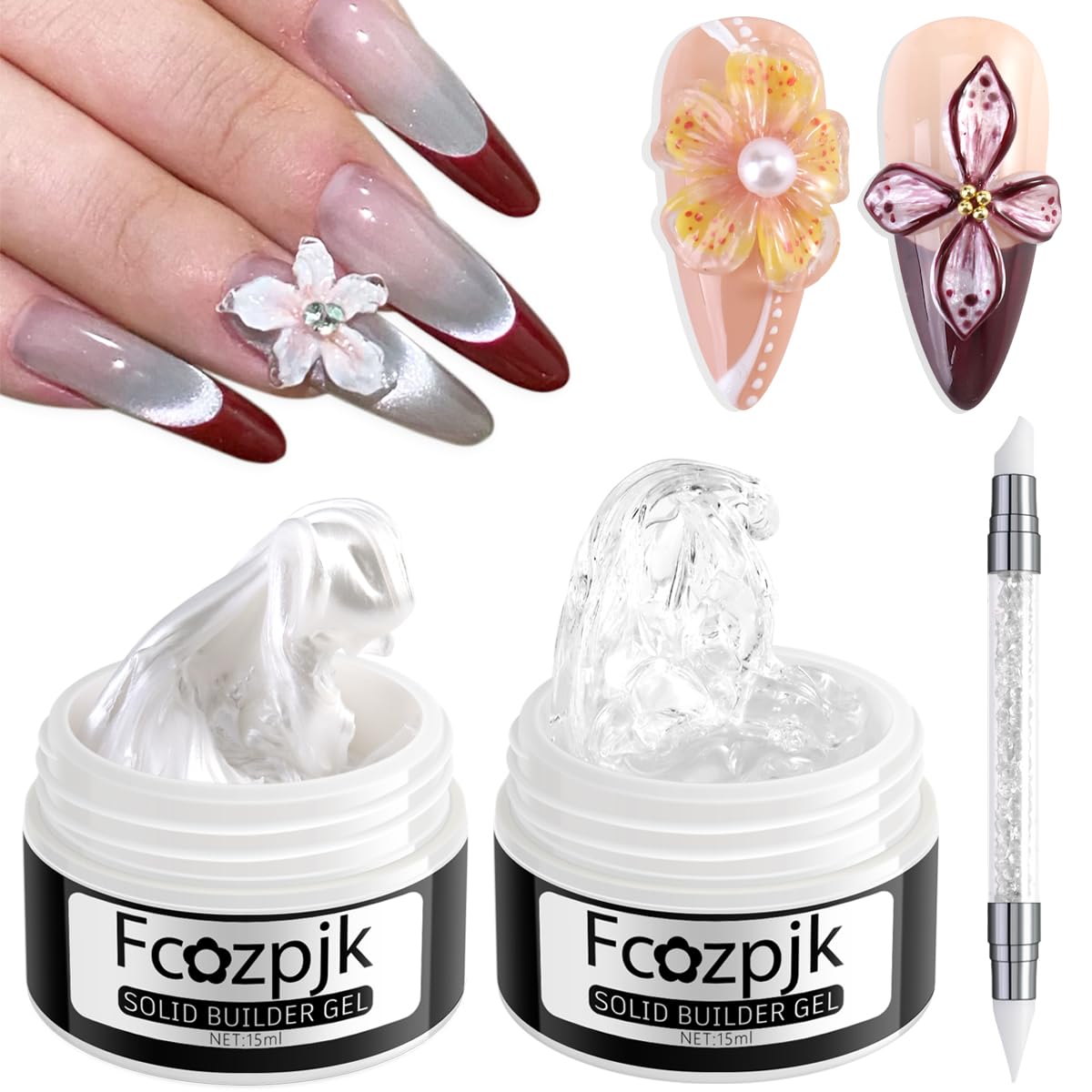 Fcozpjk Solid Builder Gel for Nails, Pearly White & Clear Solid Builder Gel Non-Sticky Hard Gel for Nails with Silicone Carving Pen 3D Sculpting Gel