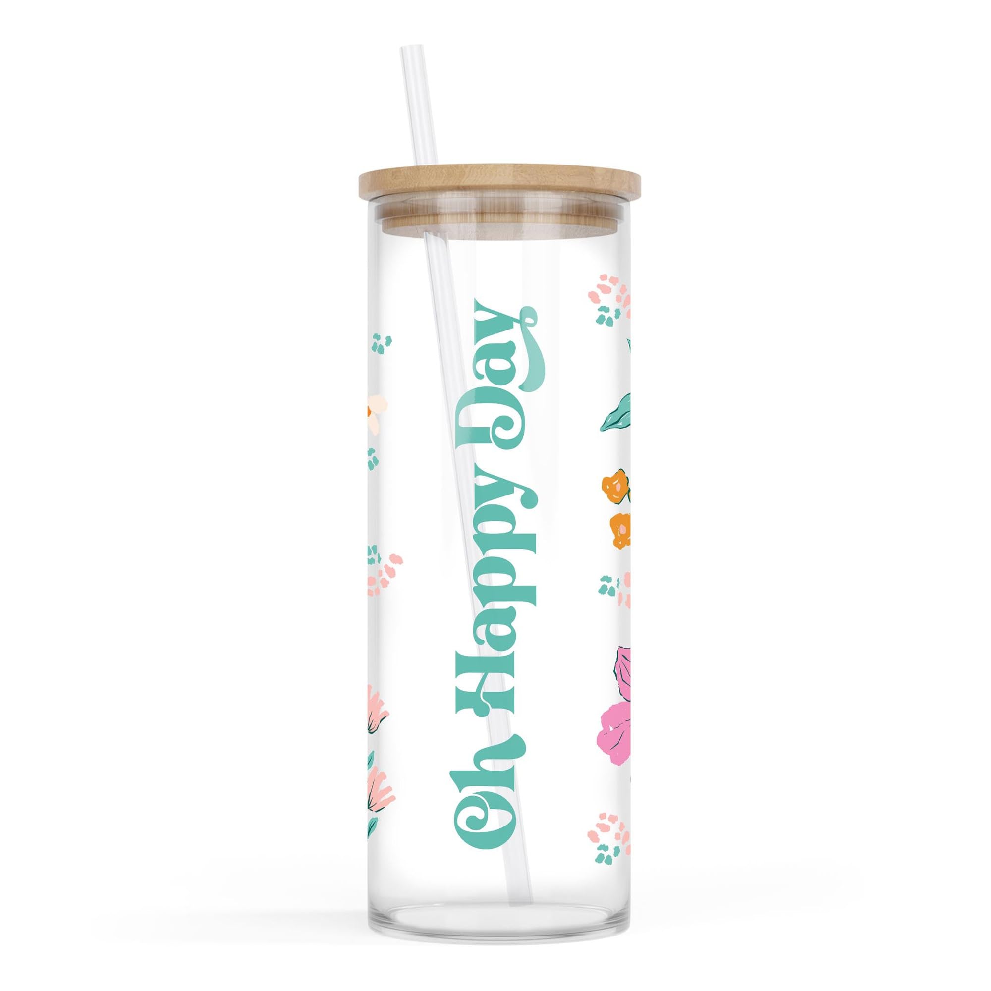 Clairmont & Co Cold Brew Travel Tumbler, Cup With Lid and Straw, 24 Ounce Wood and Glass, Oh Happy Day