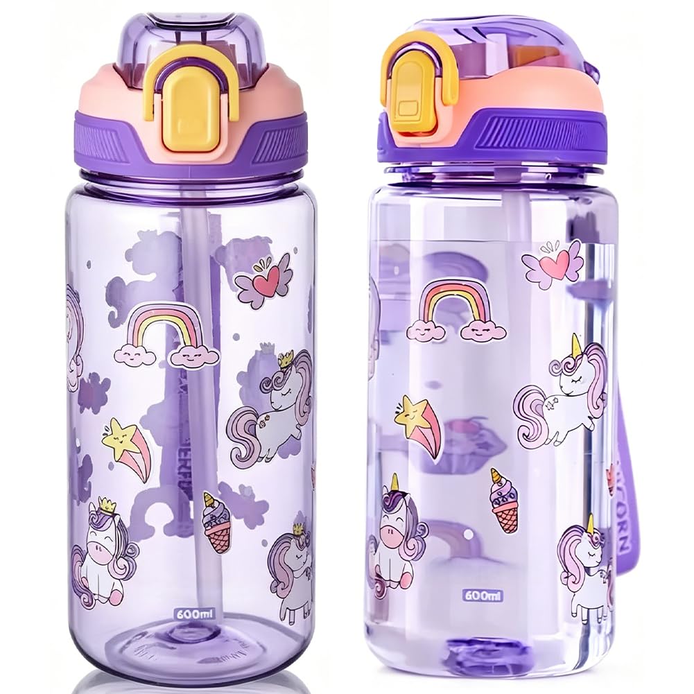 FCXVXCL Water Bottles with Straw, Cute Water Bottle, 600ml Drinks Bottle for School, with Straw Portable Spill Proof Travel Mug, for Girls Boys Waters, Coffee, Milk, Drink - Purple
