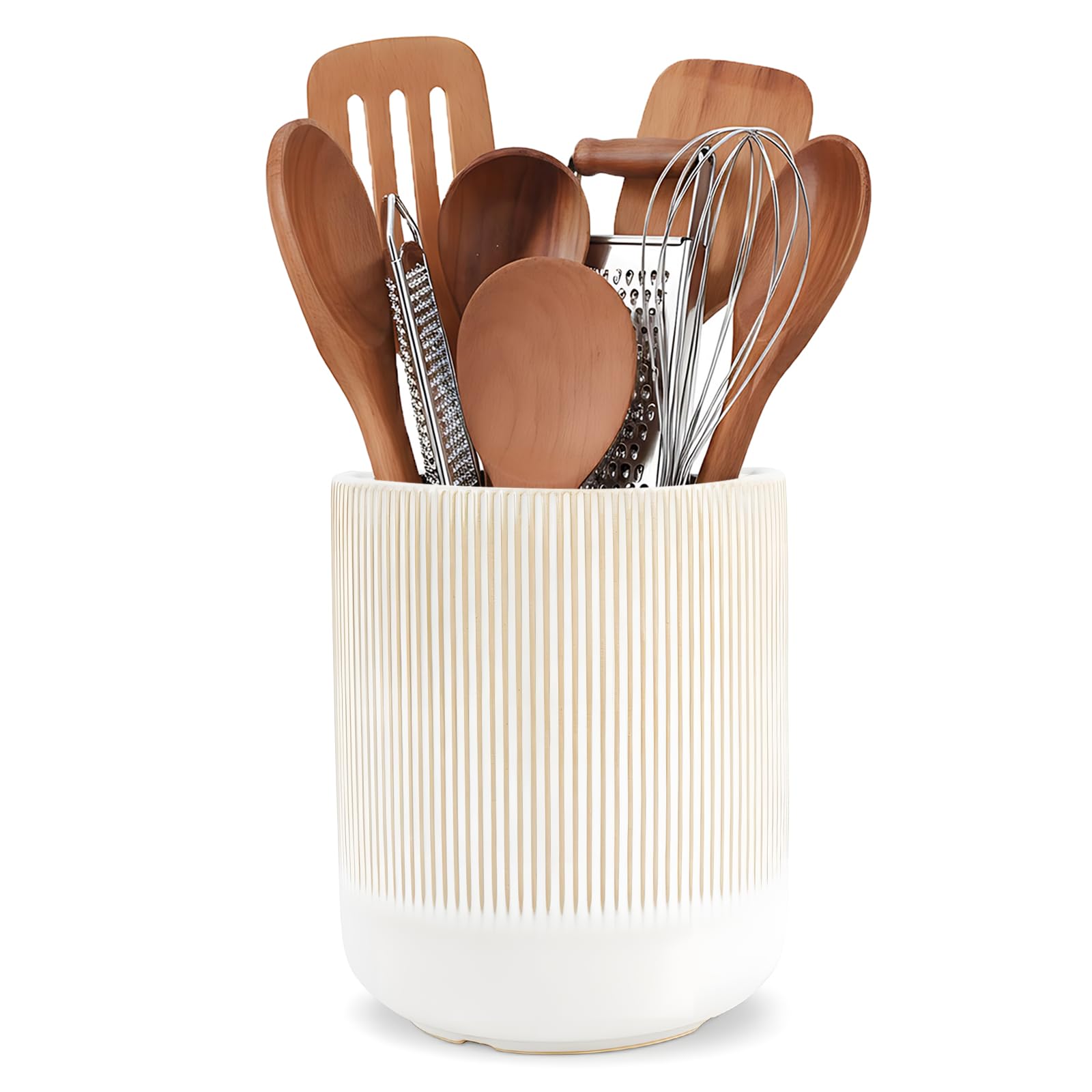 Utensil Holder,H18.6xD15cm Ceramic Kitchen Utensils Holder,Large Cooking Utensil Pots for Kitchen Counter,Morden Utensil Organizer for Spatula(off white)