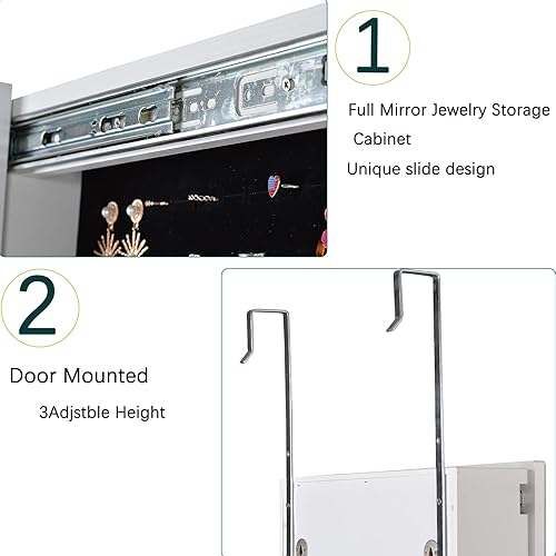 Miniatura 7 de HOUAGI Armario de joyería con espejo, organizador de armario de joyería montado en la paredpuerta, espejo de longitud completa de 42.5 pulgadas de