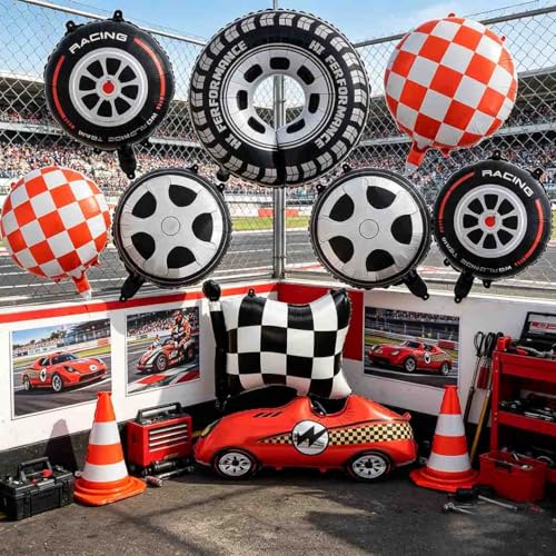 Yimen Bloon Race Car Balloons Red and White Checkered With Checkered Flag Balloons Wheel Tire Balloons for Racing Theme Birthday Party Decorations by Yimen Bloon - Used condition - Image 2