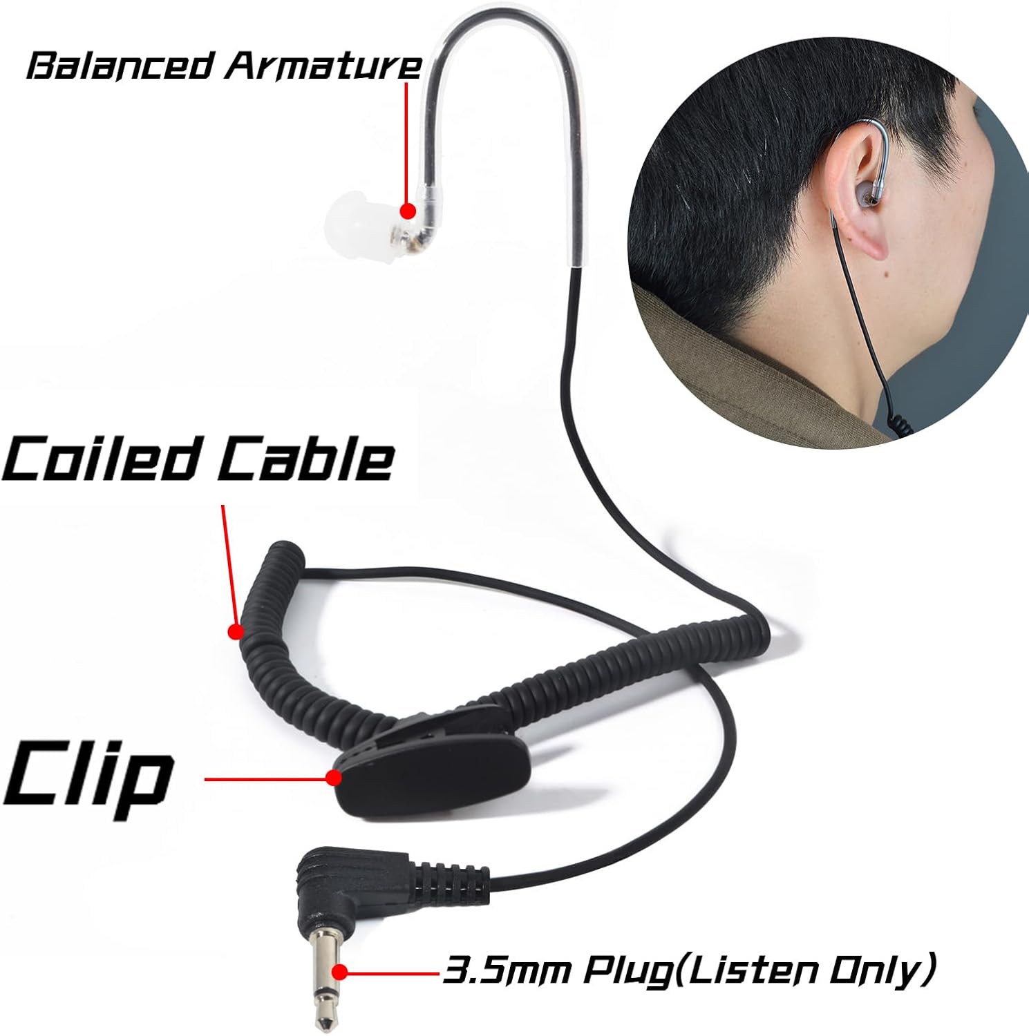 3.5mm Surveillance Balanced Armature Earpiece, Listen Only Headset for Walkie-talkies Ham Transceiver, Radio Speaker Mic Jacks Accessories(Black Pack of 2)