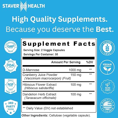 Miniatura 7 de Salud del tracto urinario, pastillas de arándano para mujeres, cápsulas de manosa D de 1000 mg - Suplemento de hierbas de diente de león - Ayuda a