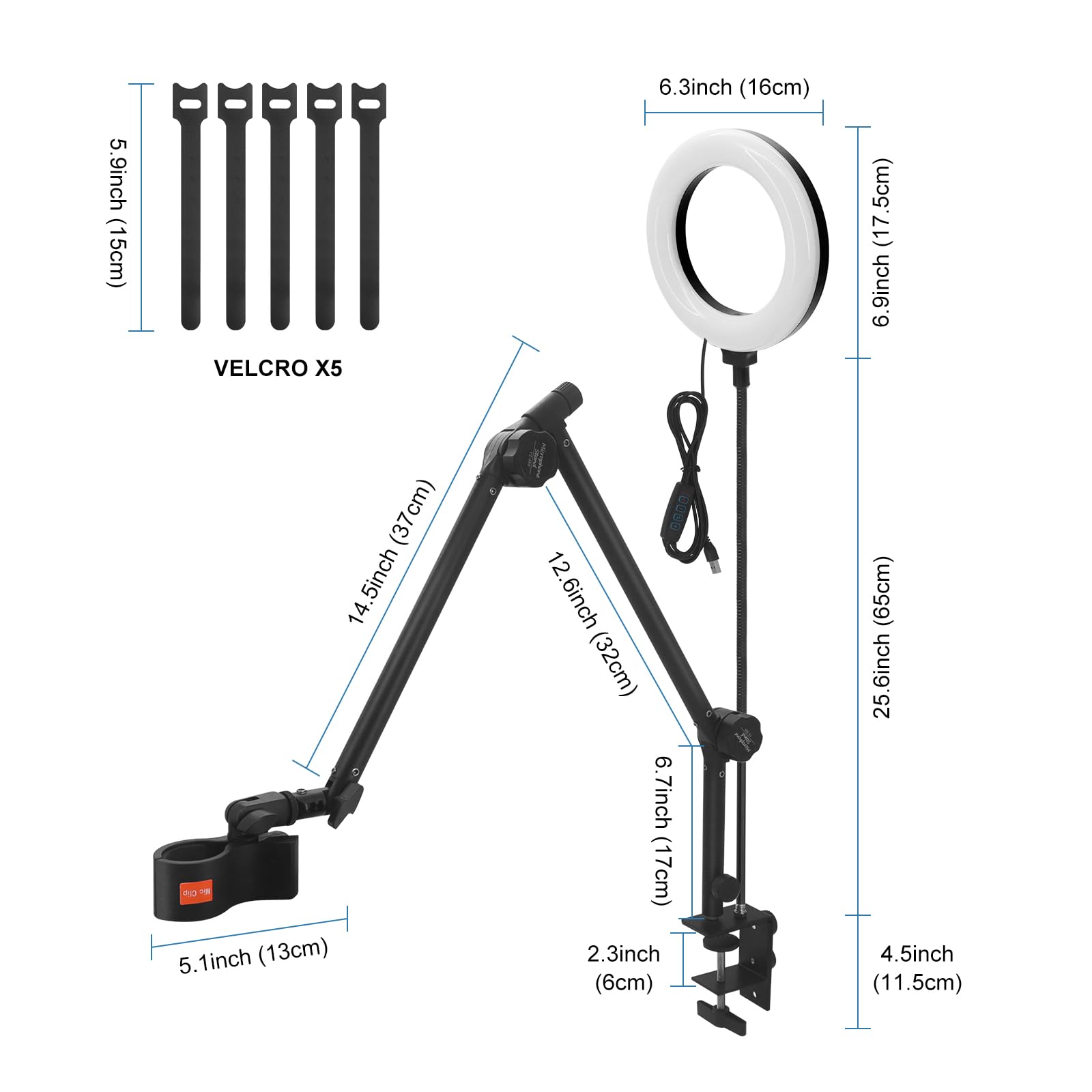 Beowanzk Professional Microphone Stand with 16cm Ring Light and 360° Rotatable Arm, Black - Image 2