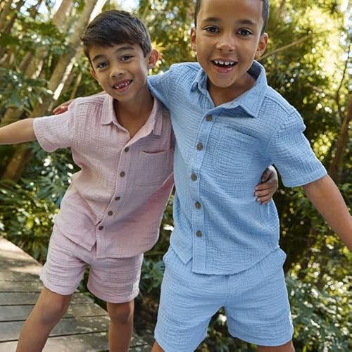 Hoanselay Baby Boy Cotton Linen Shorts Set Solid Color Short Sleeve Button Down T-Shirt Tops And Shorts Summer Outfit Clothes (White Shorts Set, 12-18 Months) #TOP1