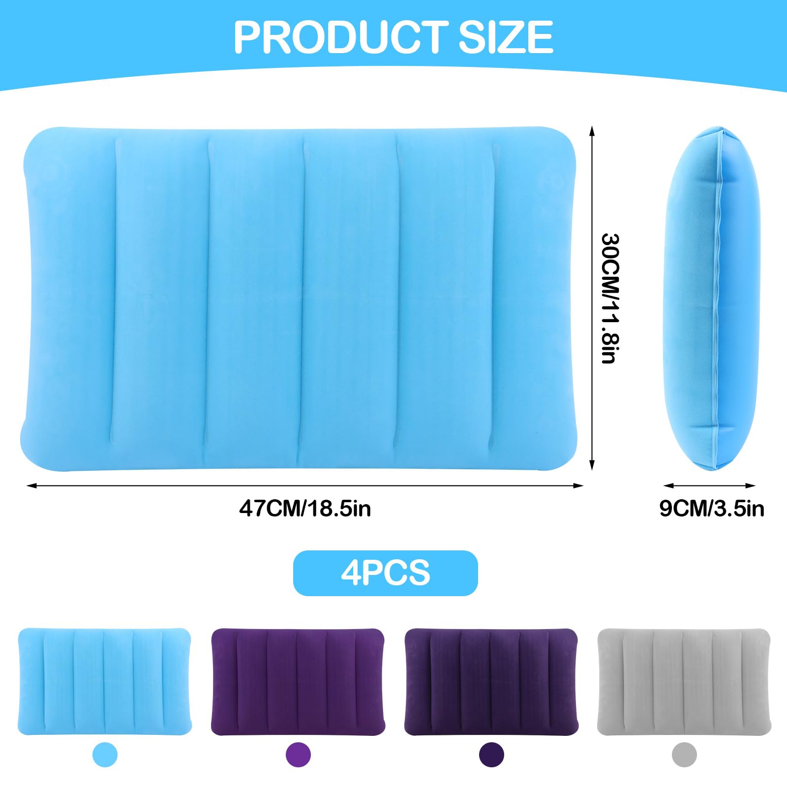 Lot De 4 Coussins Gonflables De Plage – 38x24 Cm, Avec Pompe, Gris/bleu – Pour Camping, Voyage, Bureau