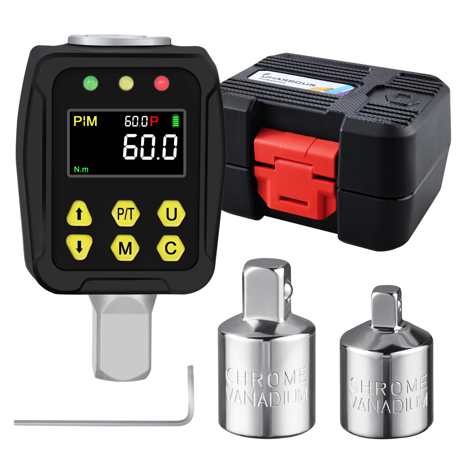 Uharbour Cyfrowy adapter momentu obrotowego 1/2 cala 3-60 Nm, klucz dynamometryczny cyfrowy z wyświetlaczem LCD, trybem PEAK/TRACK, brzęczykiem i wyświetlaczem LED, dokładność błędu ±2%, do samochodu,
