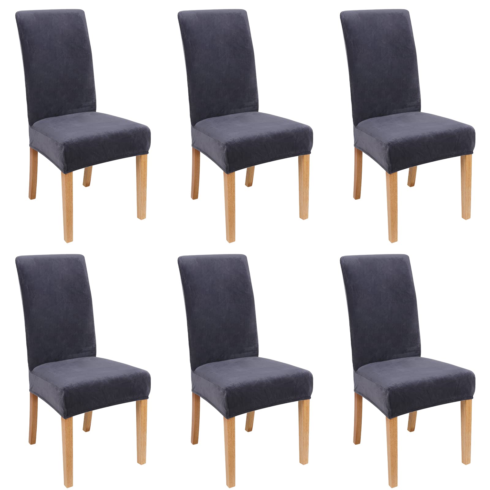 Smiry Velvet Stretch Dining Room Chair Covers Set of 6, Soft Removable Washable Chair Slipcovers Kitchen Parsons Chair Protector, Dark Grey