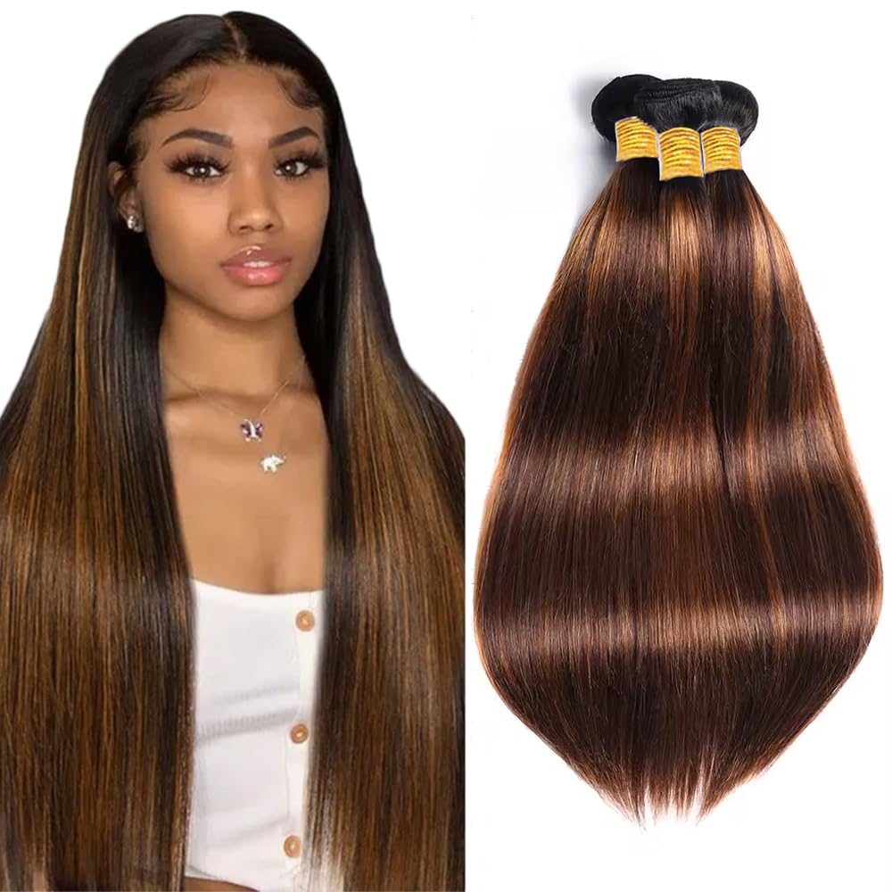Freiuoke Brown Bundle Color 30 Bundles Human Hair Extensions Brazilian Virgin Hair 3 Bundles 26 28 30 Inch P4/30 Straight Human Hair Weave