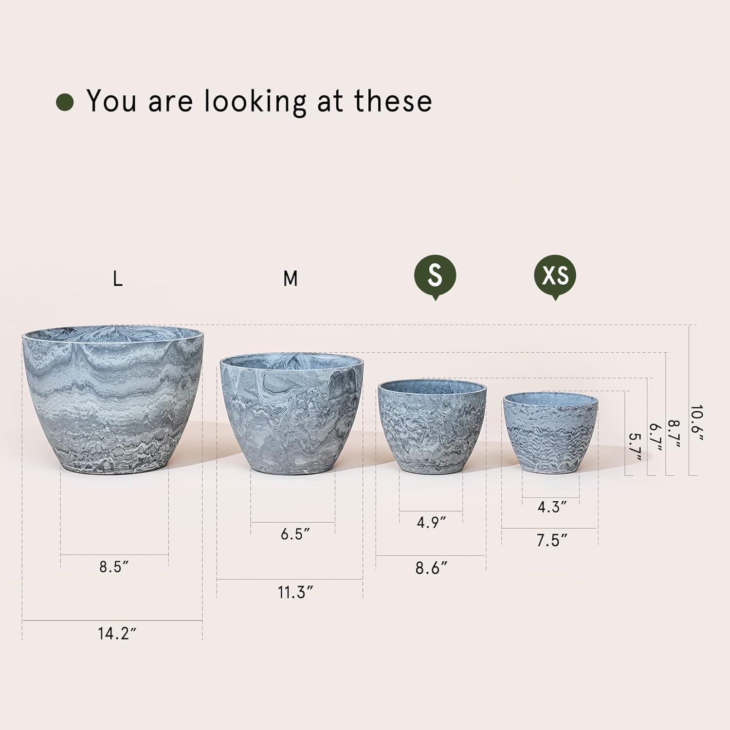 LA JOLIE MUSE Flower Pots Outdoor Garden Planters, Indoor Plant Pots with Drainage Holes, Plastic, Marble Pattern Grey, Set 2 (8.6 + 7.5 Inch)