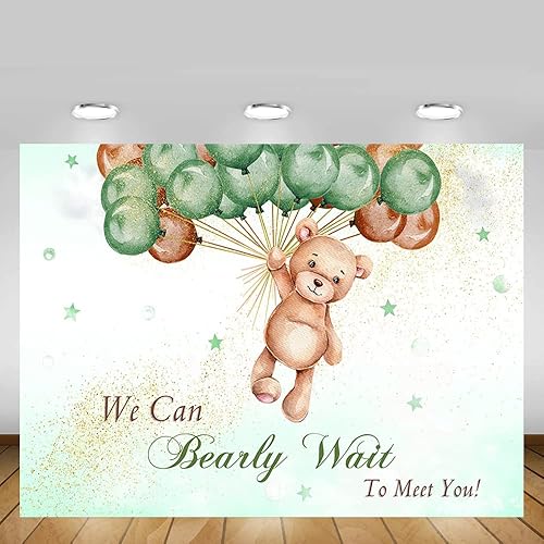 Miniatura 5 de MEHOFOND Telón de fondo de baby shower con texto en inglés "We Can Bearly Wait to Meet You" de 10 x 7 pies, globos verdes y marrones, purpurina