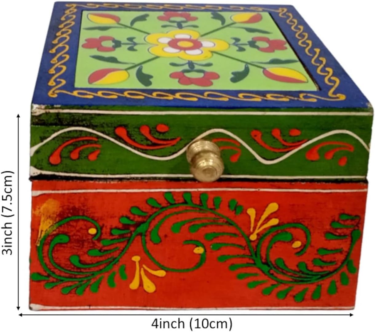 Purpledip Wooden Box For Storing Small Items: Colorfully Handpainted With Ceramic Tile On Lid (12720)