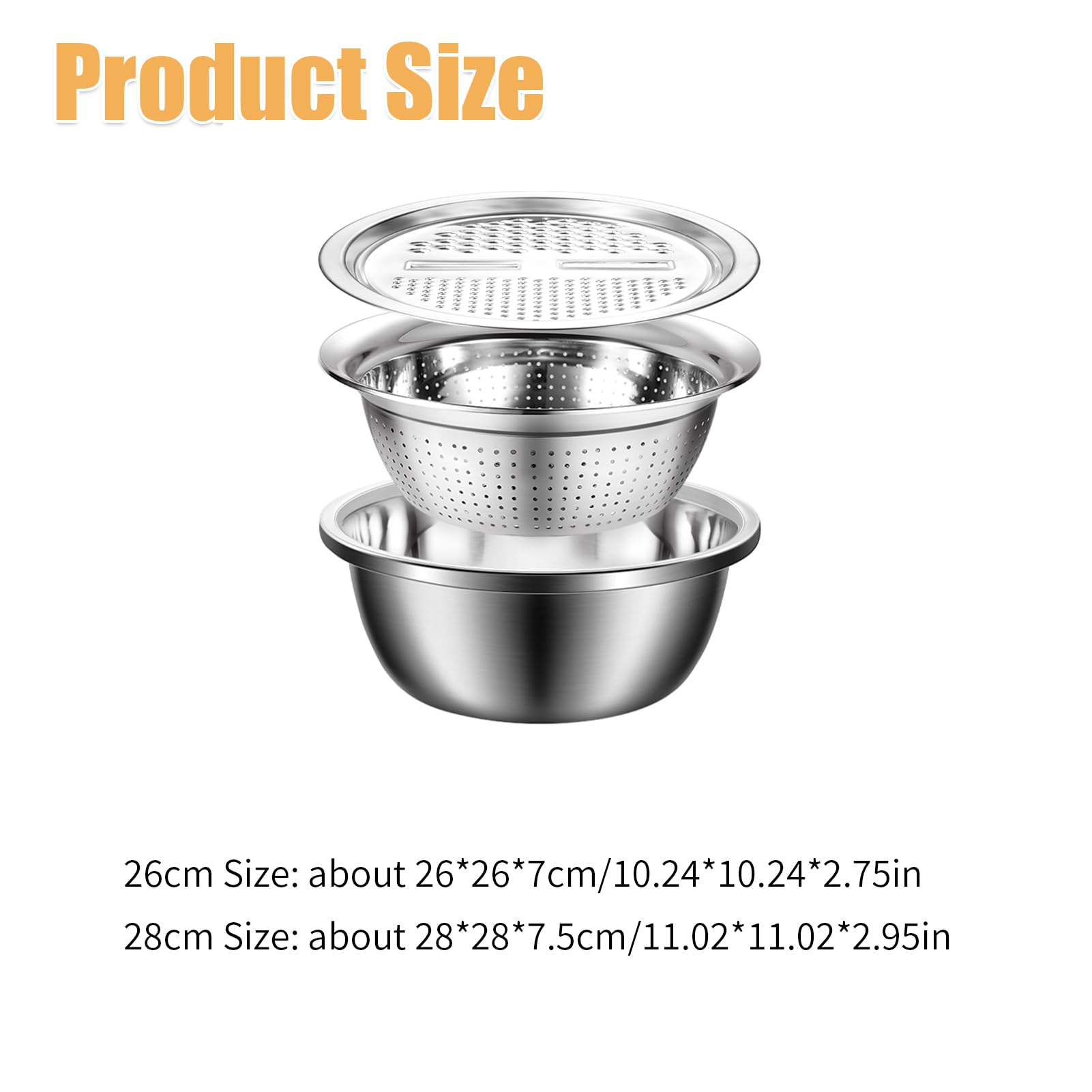 GERMANY Multifunktionales Edelstahlbecken, 3 in 1 Multifunktionales Edelstahlbecken Sieb Set, Küchenreibe Set, Sieb und Abflusskorb für Gemüse 26.0 cm