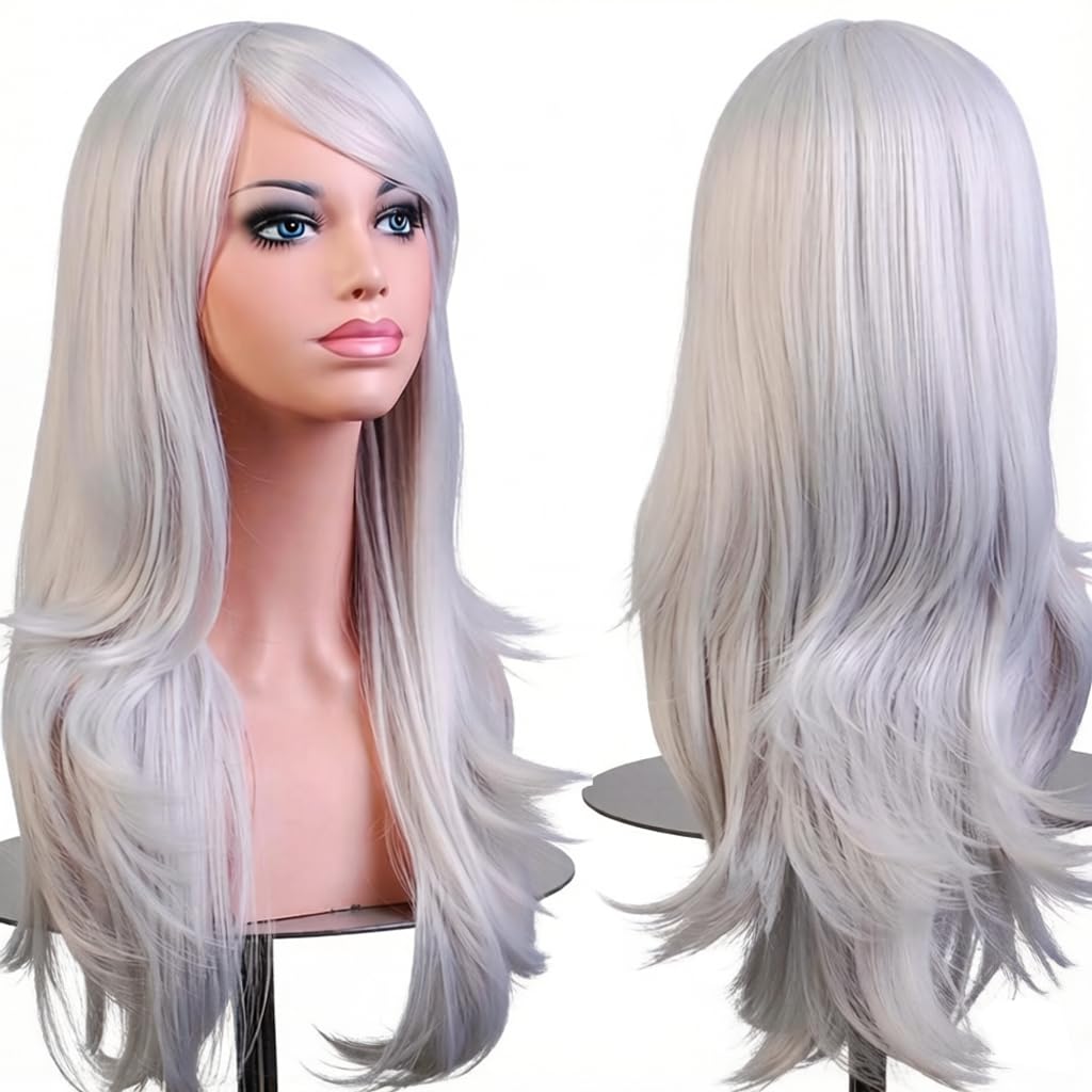 PORSMEER 70 cm/28 inches Charming Long Wavy Full Hair Wig Anime Cosplay Halloween Costume Party Heat Resistant Synthetic Wigs for Women Girls (Silver)