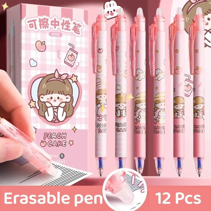 Image of 12 Pcs Smooth Writing Eresable Gel Pen, Erasable Pen 0.5 mm, Erasable Pens with Magic Eraser, Kawaii Pens, Birthday Return Gifts for Kids -Blue Ink (Pink)
