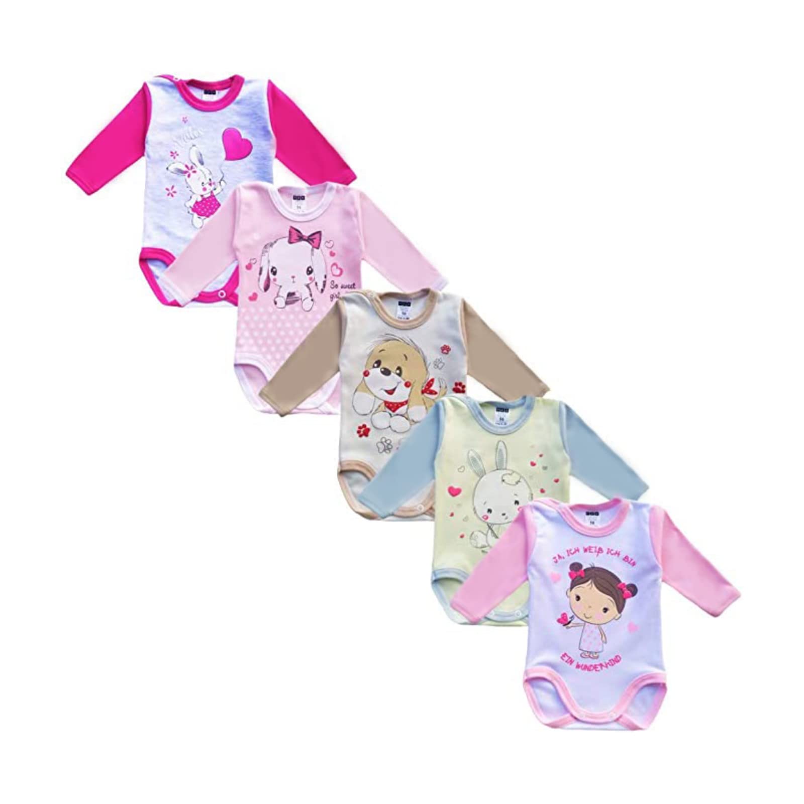 MEA BABY Body per neonati a manica lunga con stampa | 100% cotone | Body per bambine e bambini | Vari colori e stampe divertenti | Multipack da 5 pezzi