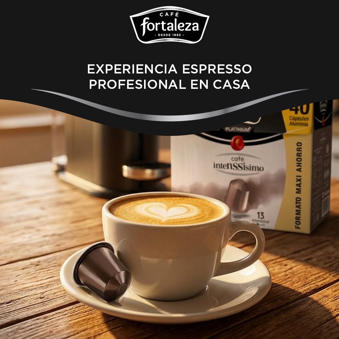 CAFÉ FORTALEZA Platinium Cápsulas Compatibles Nespresso Intenssisimo Pack 4x40, Total 160 uds - 100% Arábica - Café Espresso Tueste Oscuro con Cuerpo Denso - Intensidad 13/13 - Desayuno o Sobremesa