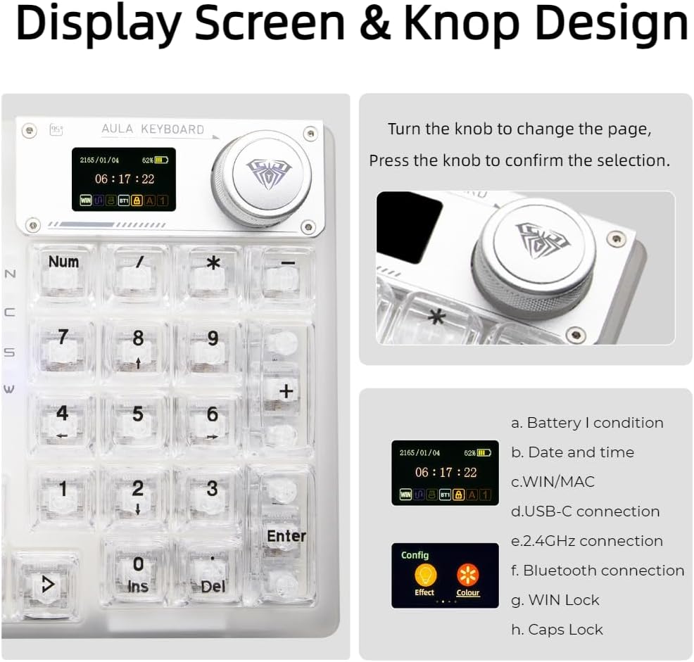 F98 Pro 95% Hot-Swappable Mechanical Keyboard – Transparent Keycaps, RGB Backlit Gaming Keyboard, Tri-Mode BT5.0/2.4G/USB-C, OLED Display, 4000mAh Battery, Pink (White) - Image 4