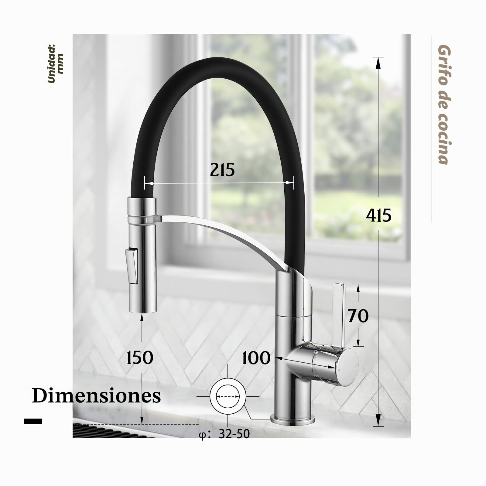 Grifos de cocina flexibles con rociador extraíble negro cromado para fregadero de cocina con manguera de silicona negra, grifos de fregadero de una sola palanca para cocinas modernas, boquilla