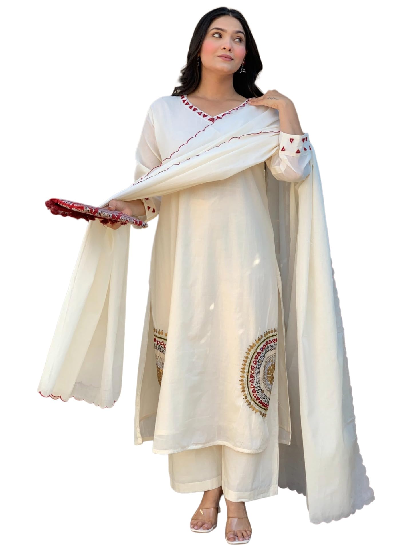 gosriki Women Viscose Straight Kurta with Palazzo and Dupatta | Embroidered Kurta Set for Women | V-Neck Straight Ethnic Kurta Palazzo Outfit for Casual Festive & Party-picture-30