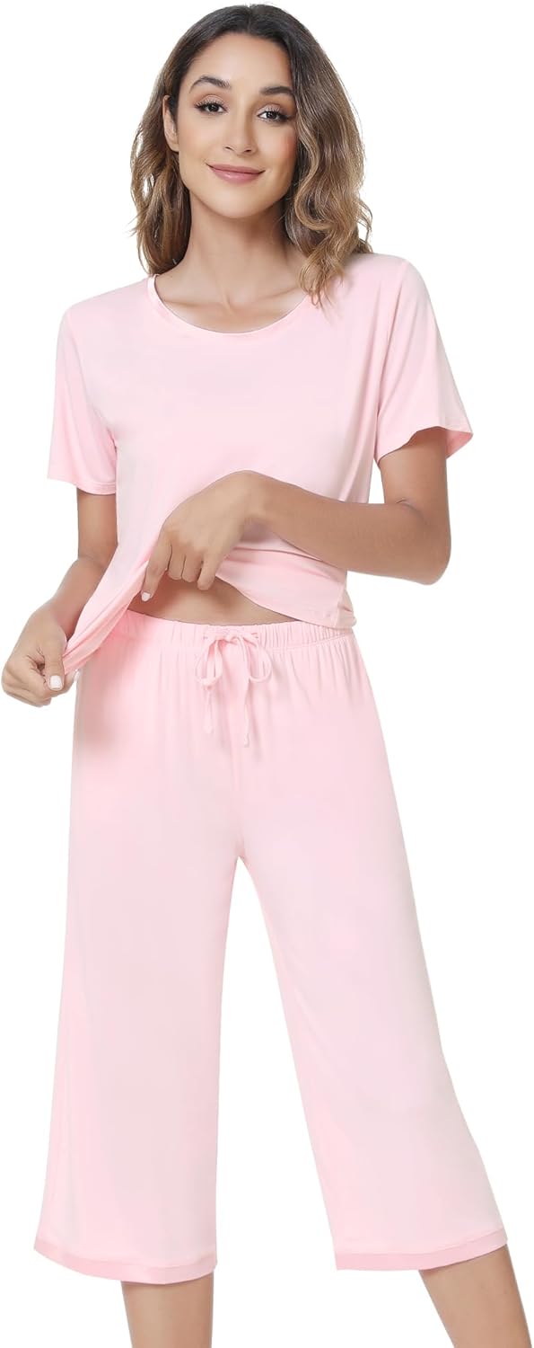 NACHILA Pajamas Set for Women-Viscose Made from Bamboo, Short Sleeve Sleepwear with Capri Pants Pajama V Neck Cool Pjs