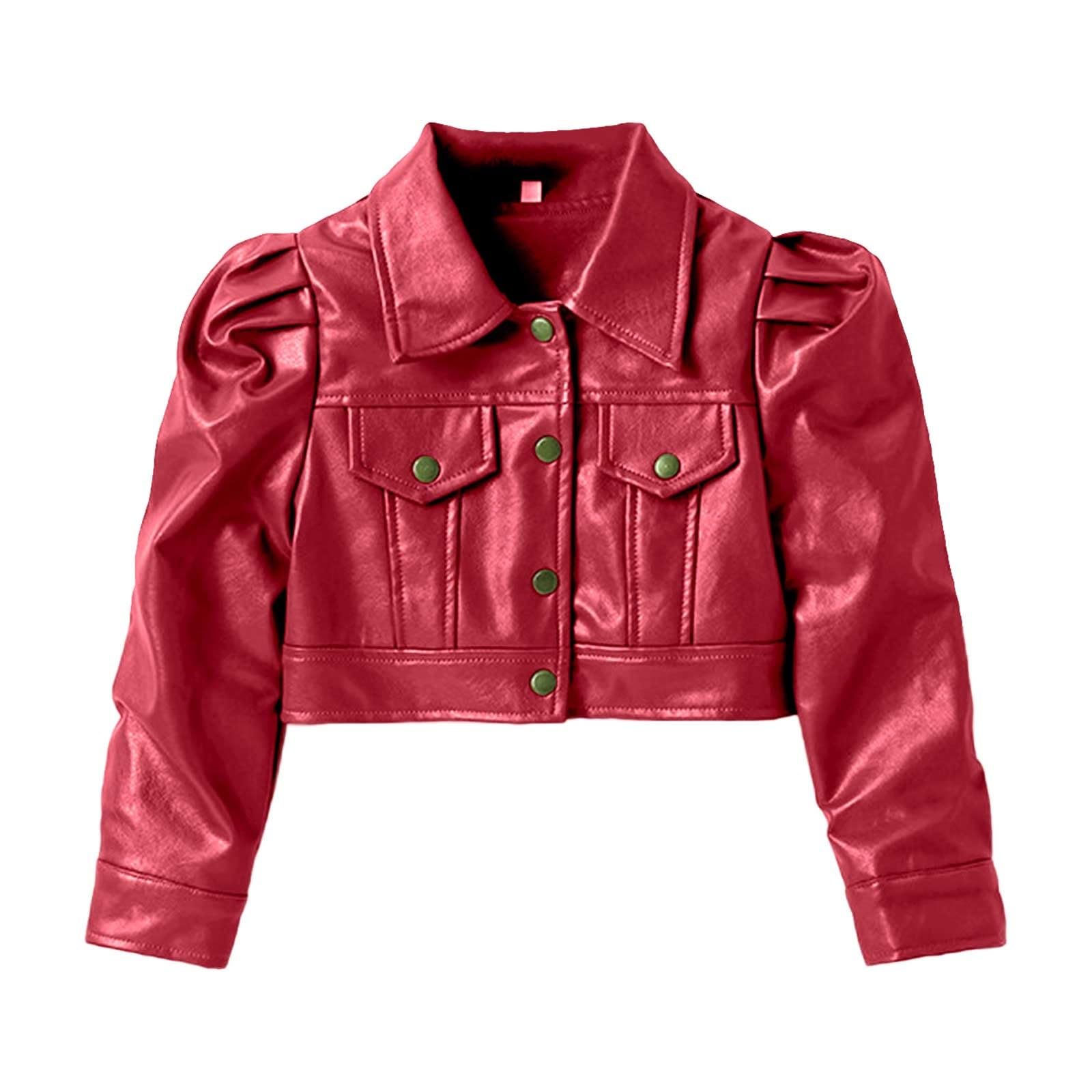 Kids Toddler Girls Faux Leather Jacket Coat Bubble Sleeve Button Down Crop Motorcycle Outwear Girl Fall Fashion Clothes