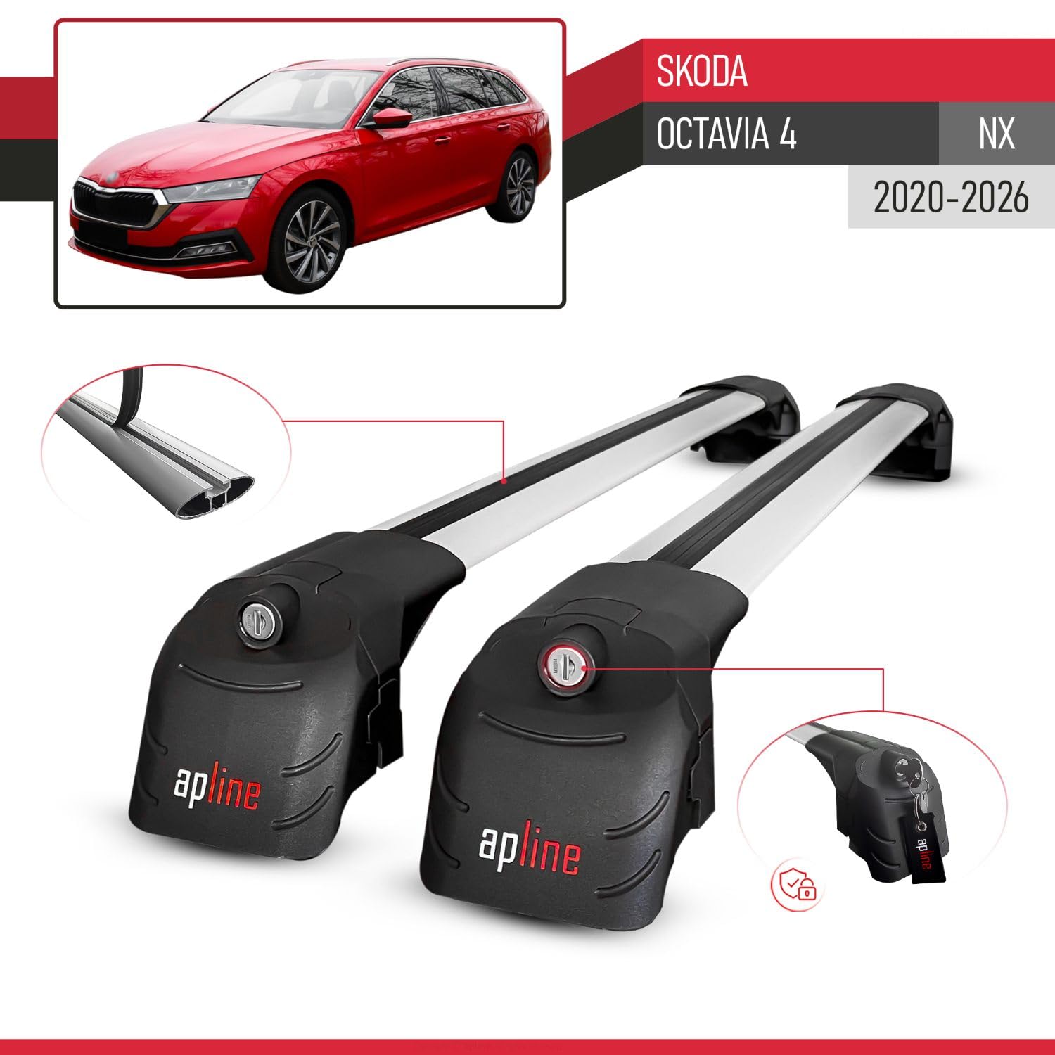 Kompatibel mit Skoda Octavia 4 (NX) 2020-2026 ACE-2 Modell Relingträger Dachträger Auto Gepäckträger Grau Aluminium 2 Stangen