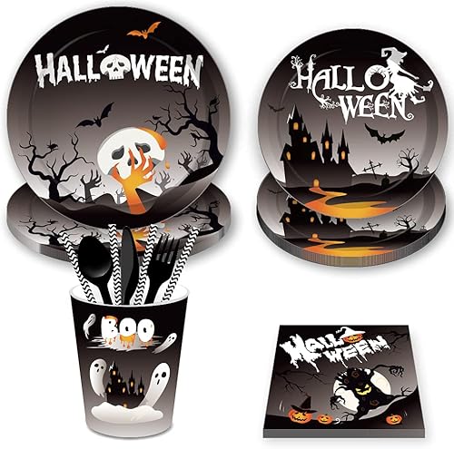 Miniatura 2 de Suministros para fiesta de Halloween, decoraciones de Halloween, juego de barbacoa, incluye platos desechables, platos de postre, vasos, servilletas