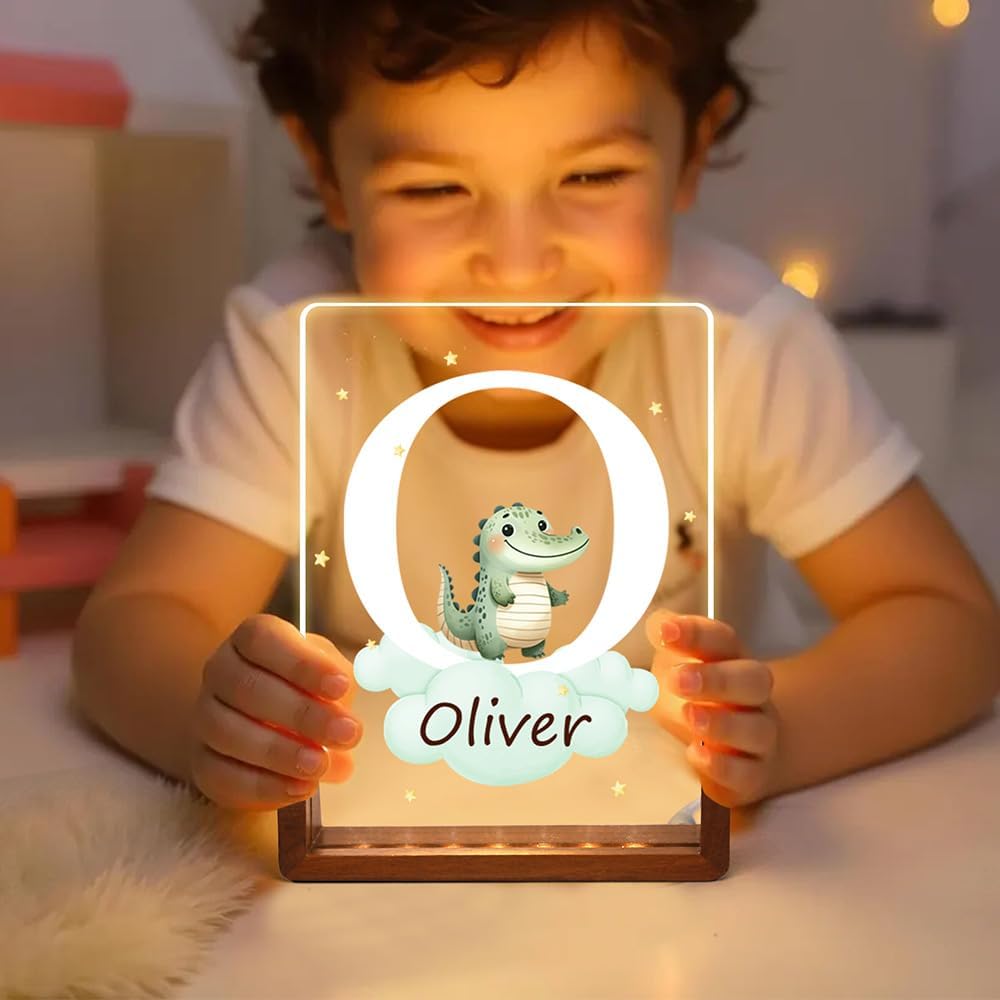 Personalized LED Night Light - Star Cloud Forest Animal Theme with Wooden Base (Square)