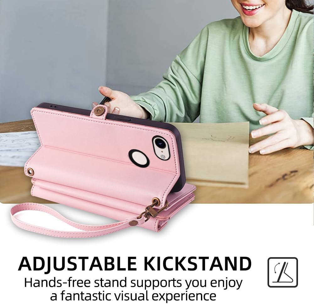 Asuwish Phone Case for Google Pixel 3 XL Zipper Wallet Cover with Screen Protector and Leather Card Holder Slot Kickstand Wrist Strap Cell Accessories Flip Pixel3XL Pixel3 LX Pixle 3XL Women Men Pink