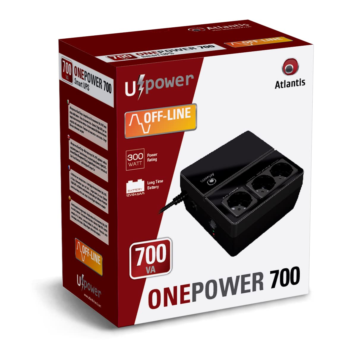 Atlantis OnePower 700, UPS OffLine 700VA/300W, 3 prese Schuko, 1 Batteria 12V 4.5Ah [Italia]