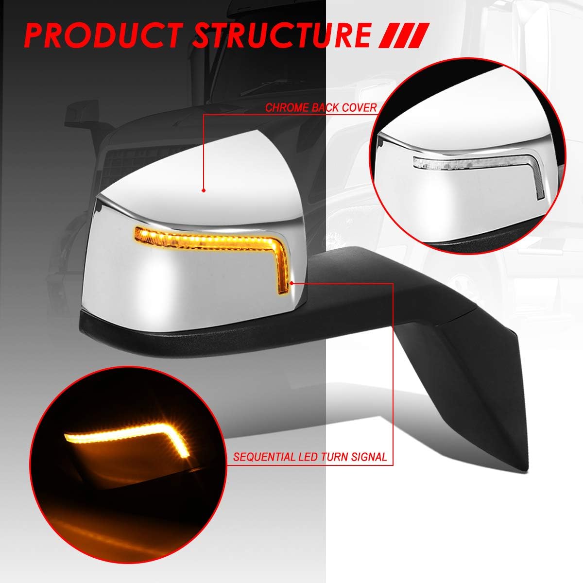 Auto Dynasty L-Pattern LED Sequential Turn Signal Manual Adjust Rear View Side Hood Mirrors Compatible with Volvo VN Series 2004-2018, Driver and Passenger Side, Polished Chrome