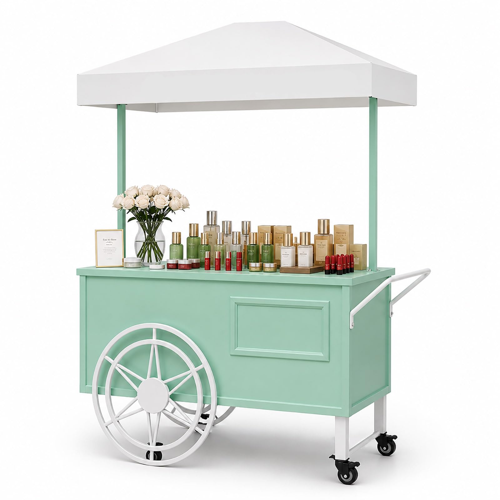 Mobiler Verkaufswagen im Europäischen Stil mit Dach, Displaywagen aus Metall mit Rollen für Einkaufszentrum, Wochenmarkt, Dessertstand und Promotion Events Light Green 100cm/39.3in